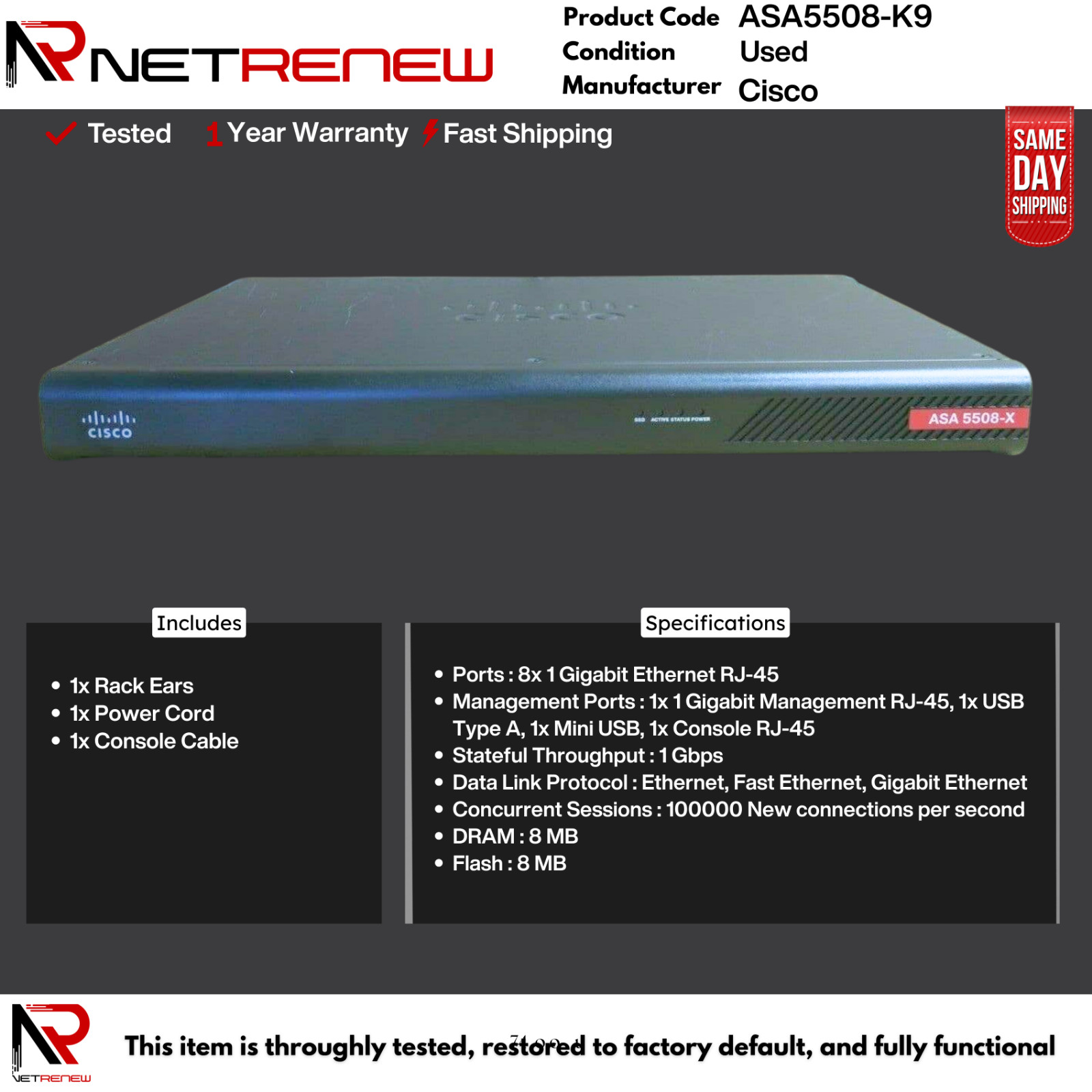 ASA5508-K9 Cisco  ASA 5508-X Firewall Tested