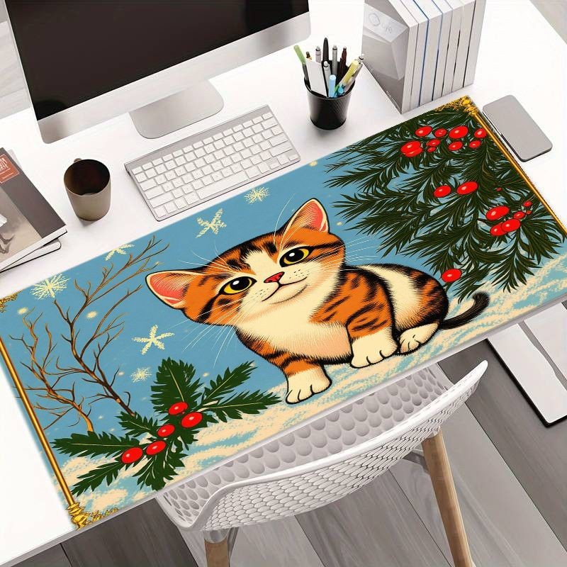 Adorable Cartoon Winter-Themed Cat Mouse Pad Featuring an Orange And White Spo