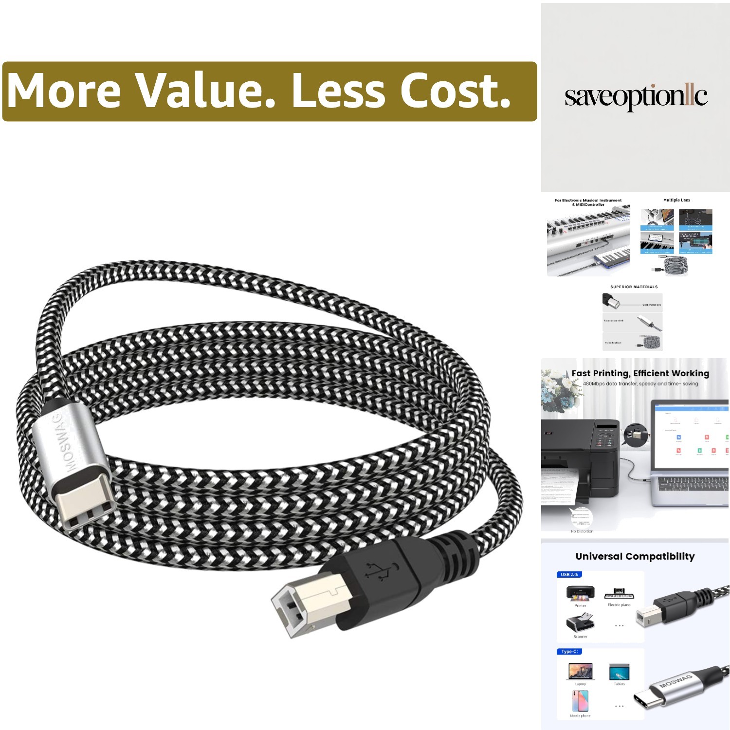 16.4FT/5M USB C to USB B Printer Cable, Nylon Braided Compatible for MacBook ...
