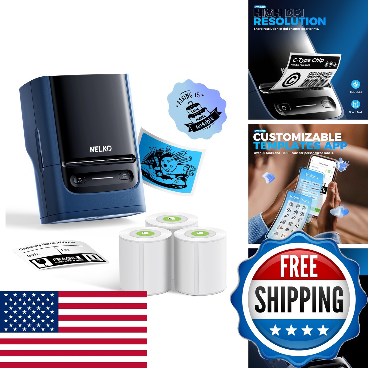Nelko PM220 Bluetooth Label Printer 2 Inch Thermal for Phones PC Deep Blue