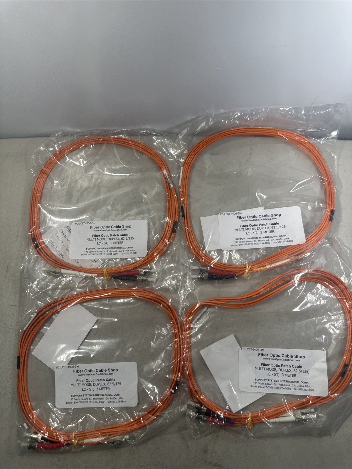 Lot Of 4 Fiber Optic Cable 3m/9.8ft LC-ST 62.5/125 Duplex Multimode