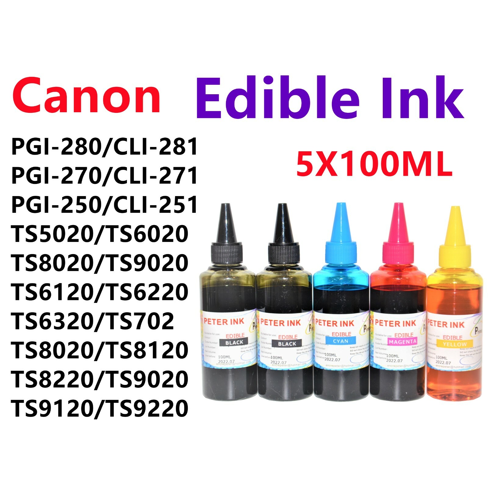 5X100ML Edible refill Ink alternative for Canon inkjet printer CISS CIS CA