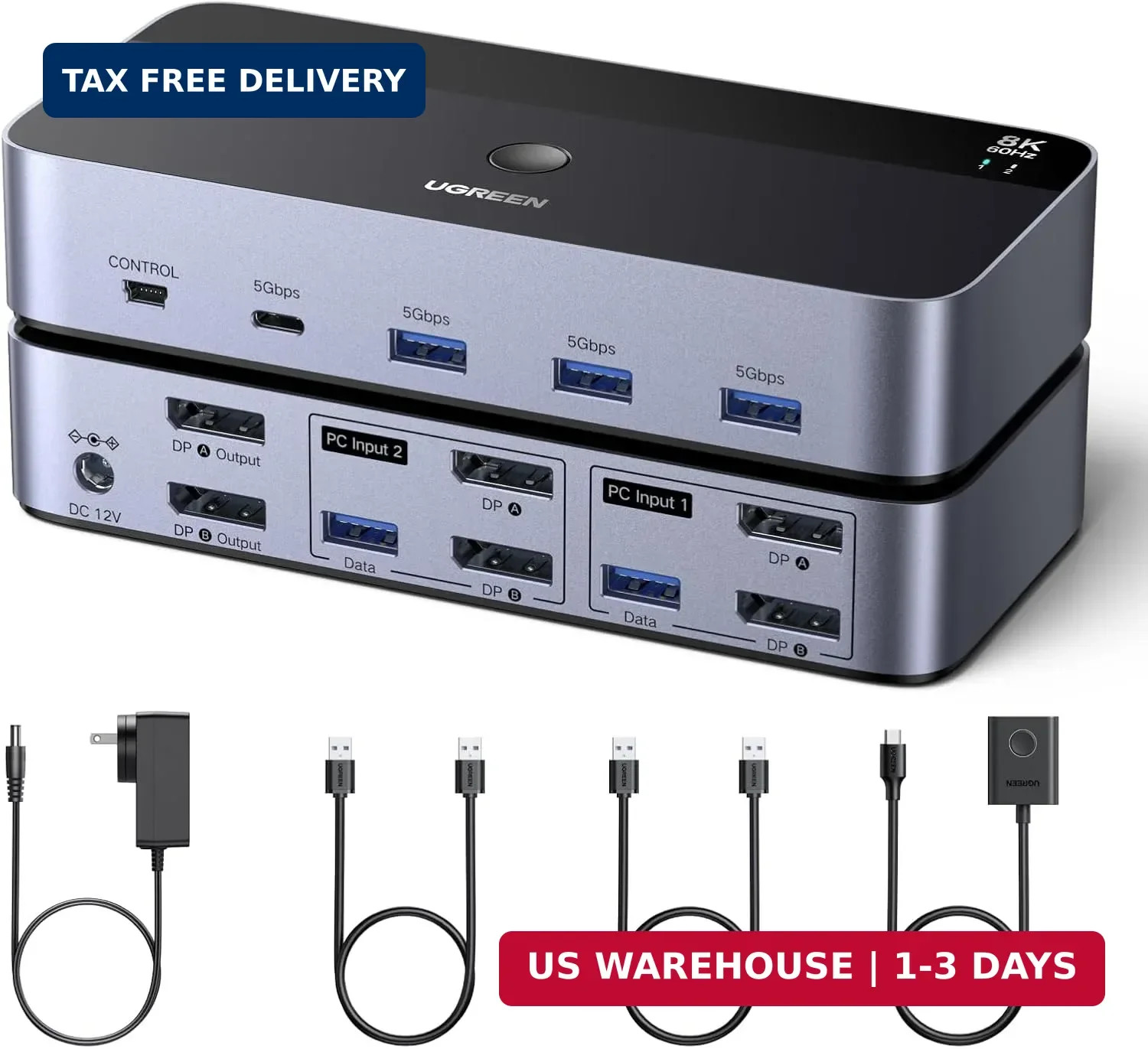 UGREEN 8K@60Hz Displayport KVM Switch 2 Monitors 2 Computers, Aluminum with 4 US