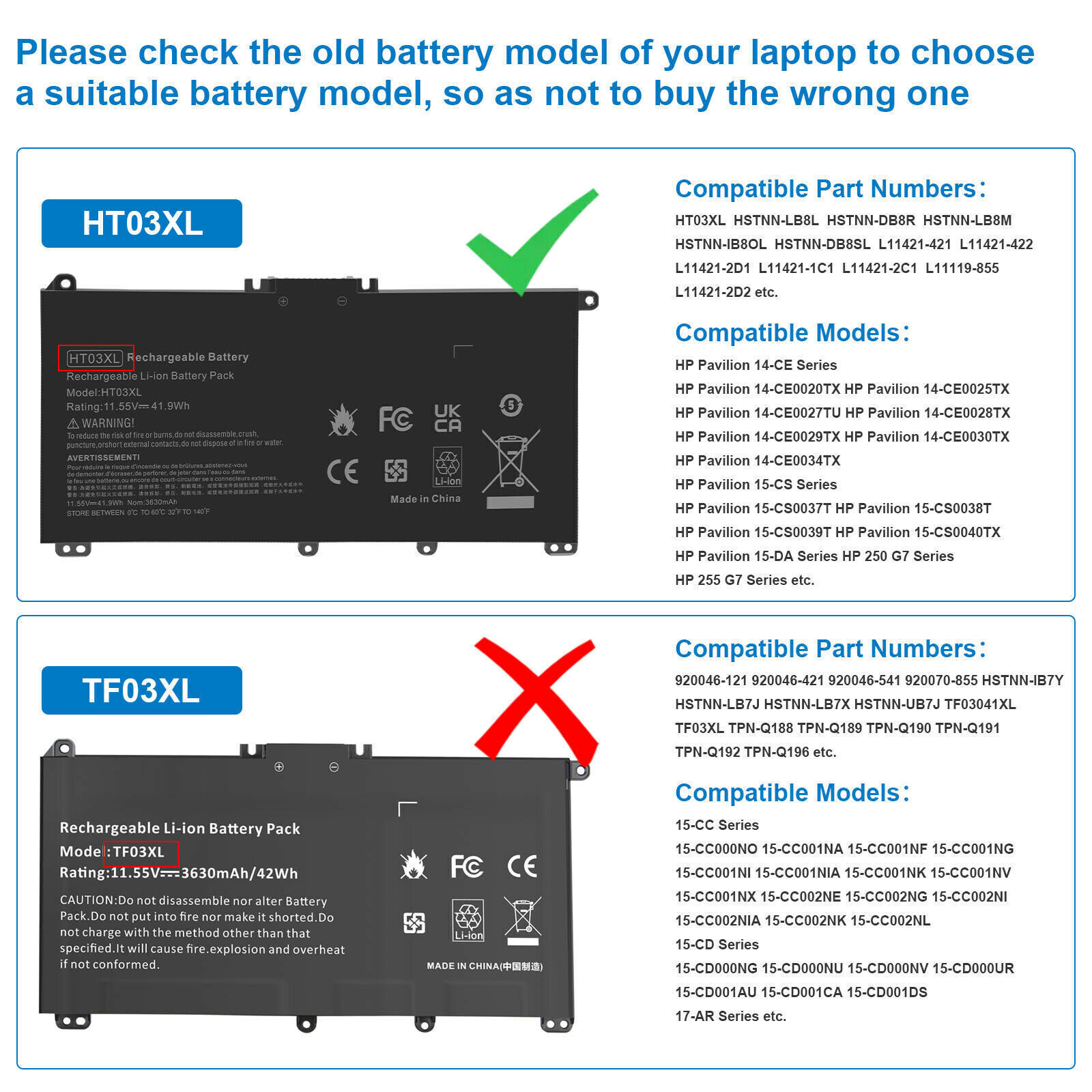 HT03XL Battery for HP Pavilion 14-CE 14-CF 15-CS 15-DA HSTNN-DB8R L11421-2C2 New