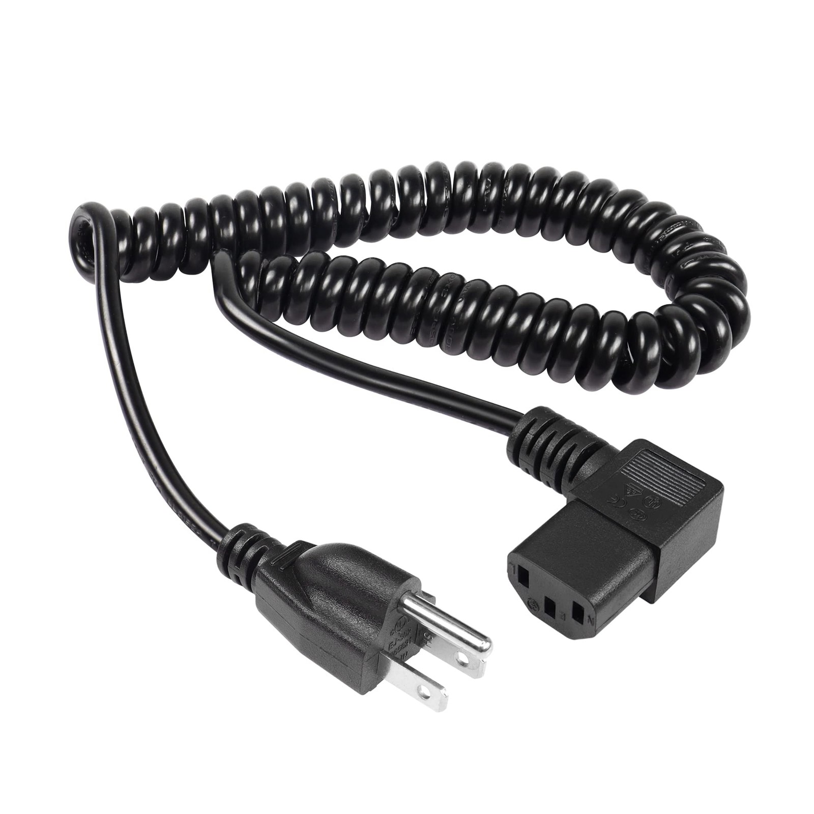 Right Angle 3 Prong Power Coiled Cord,90 Degree 18AWG NEMA 5-15P to IEC 320 C...