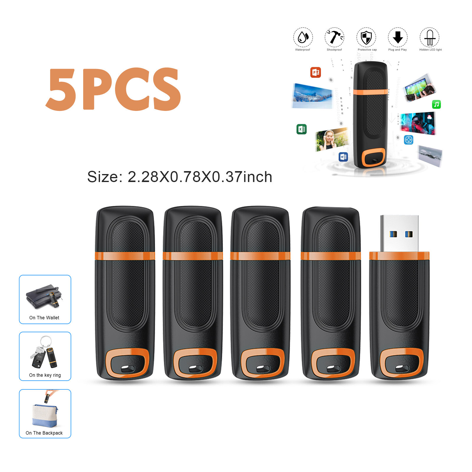 USB 2.0 5Pack 8GB Flash Drive USB Memory Stick High Speed Retractable USB Sticks