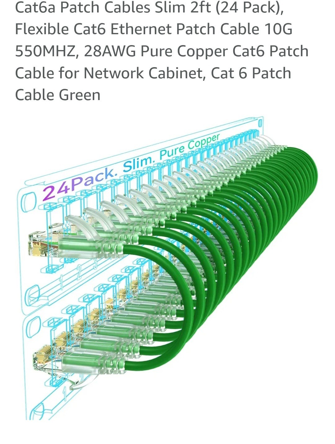 Sokqovt Cat6a Patch Cables Slim 2ft 24 Pack Flexible Cat6 Ethernet Patch Ca...