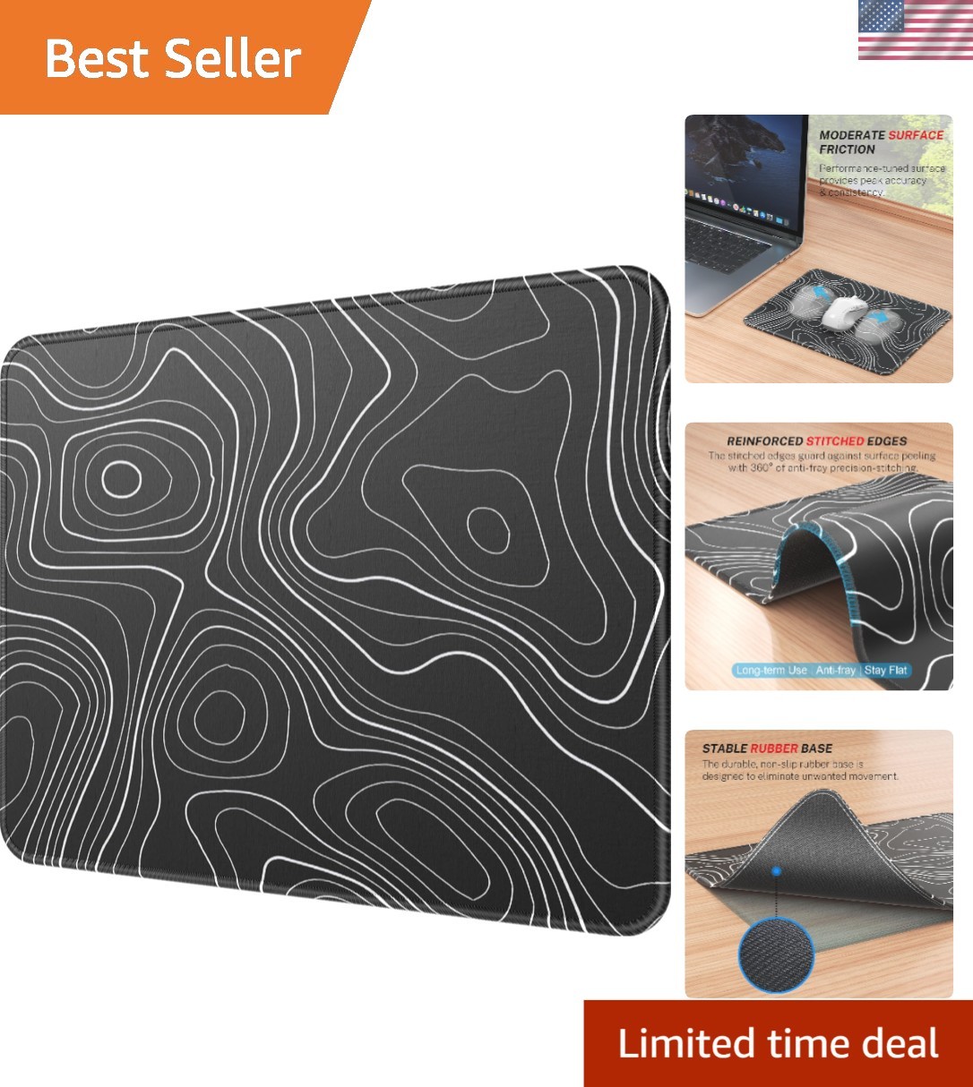 Durable Non-Slip 8.5x11 Inch Mouse Pad | Waterproof Black Topographic Design