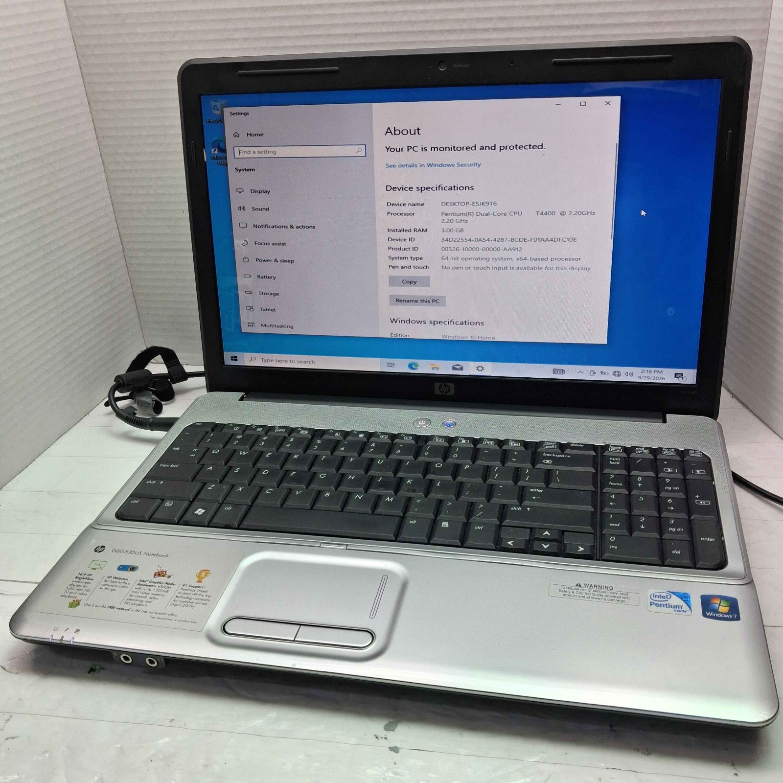 HP G60 15.6" Windows 10 Laptop Pentium T4400 2.2GHz 3GB RAM 320GB HDD No Batt ^