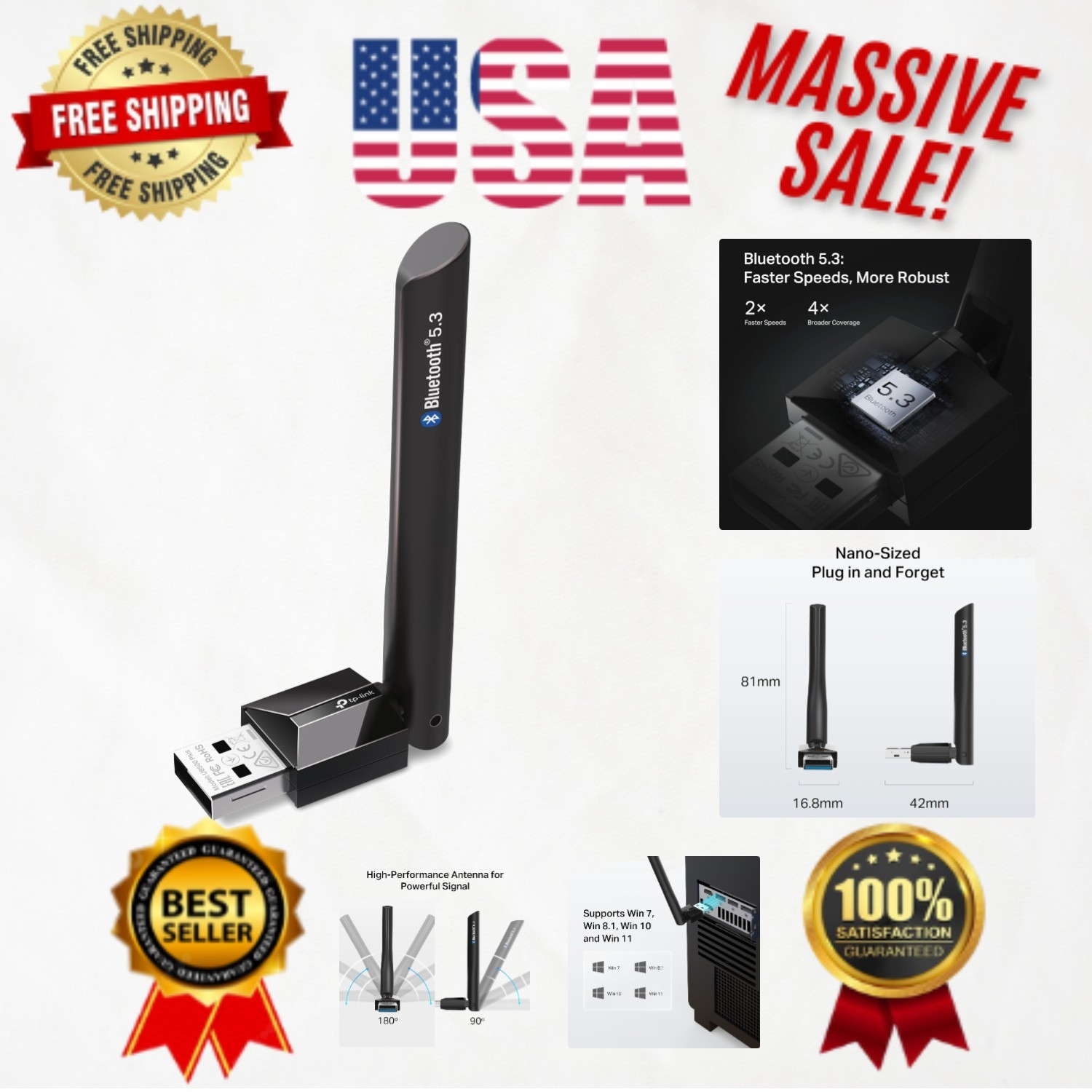 Bluetooth 5.3 USB Adapter - Long Range Receiver with Adjustable Antenna for PC