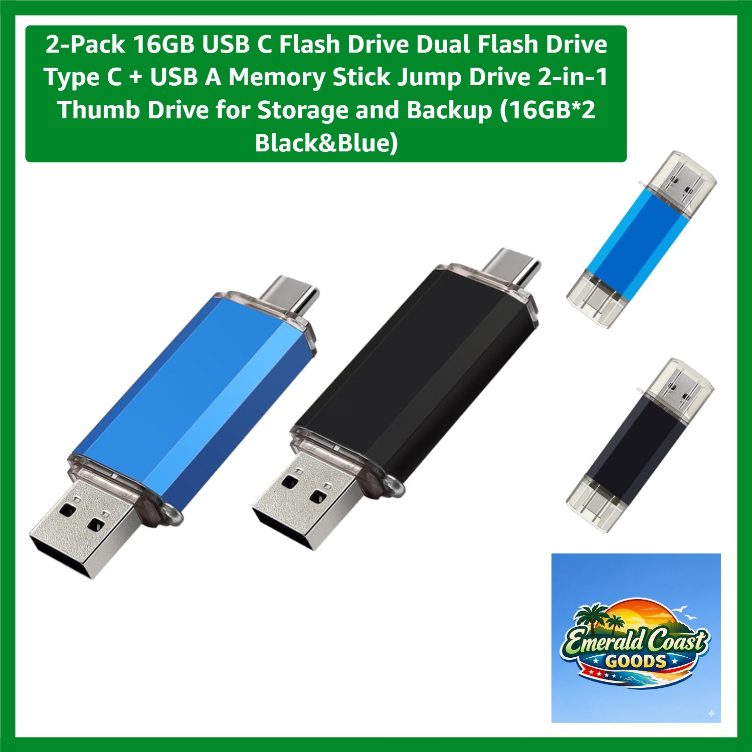 Versatile 2-in-1 USB-C & USB-A Flash Drives, 16GB Each, Compact & Shockproof