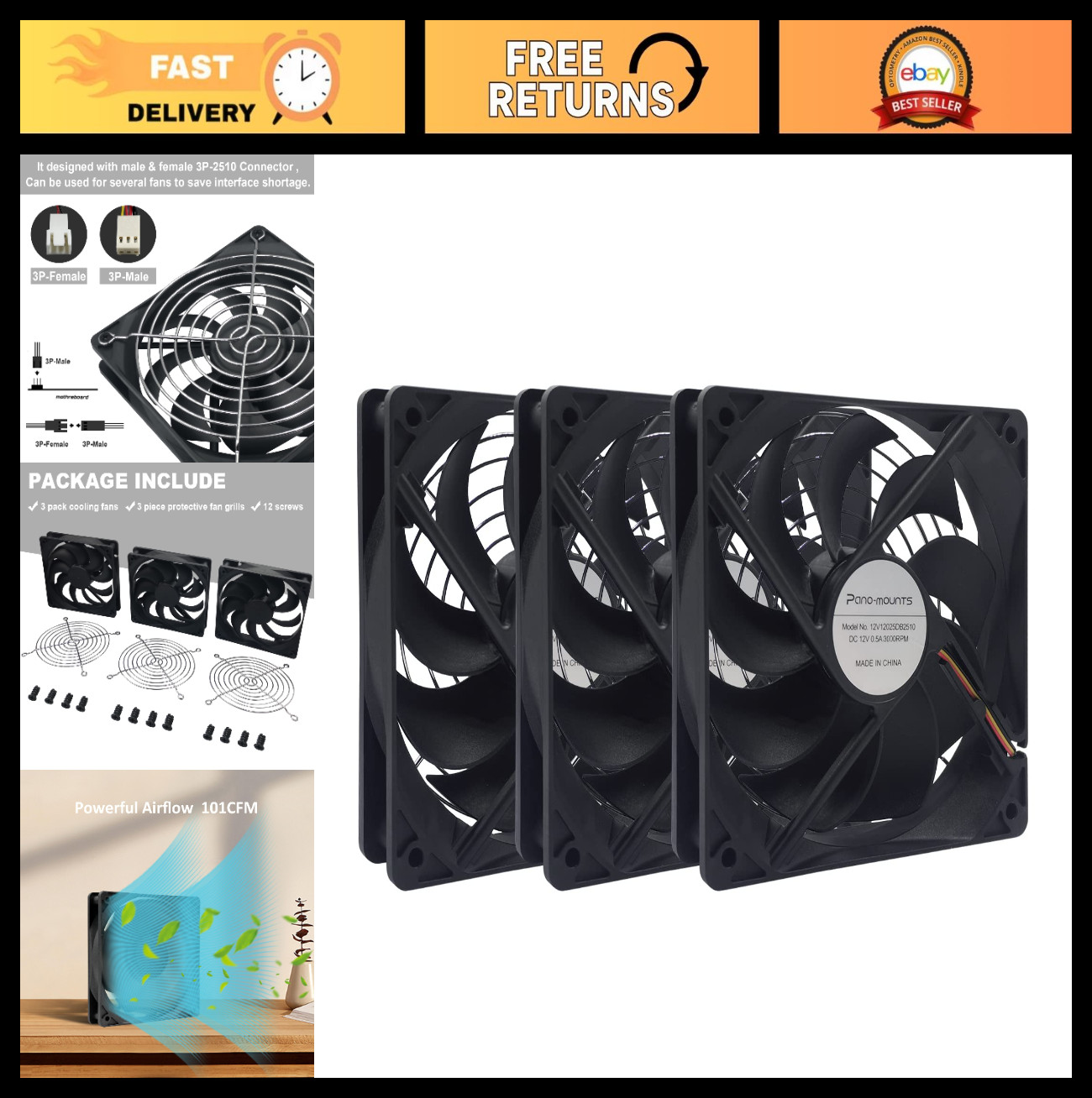 3-Pack 120mm High Airflow PC Case Fans - 12V DC Cooling, 3000RPM, Dual Ball Bear