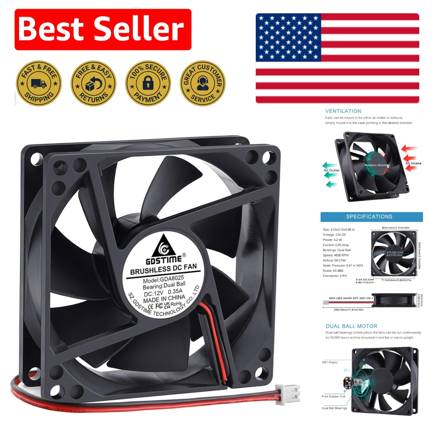 Whisper-Quiet 4500 RPM Desktop Cooling Fan - High Airflow 59 CFM for Performance