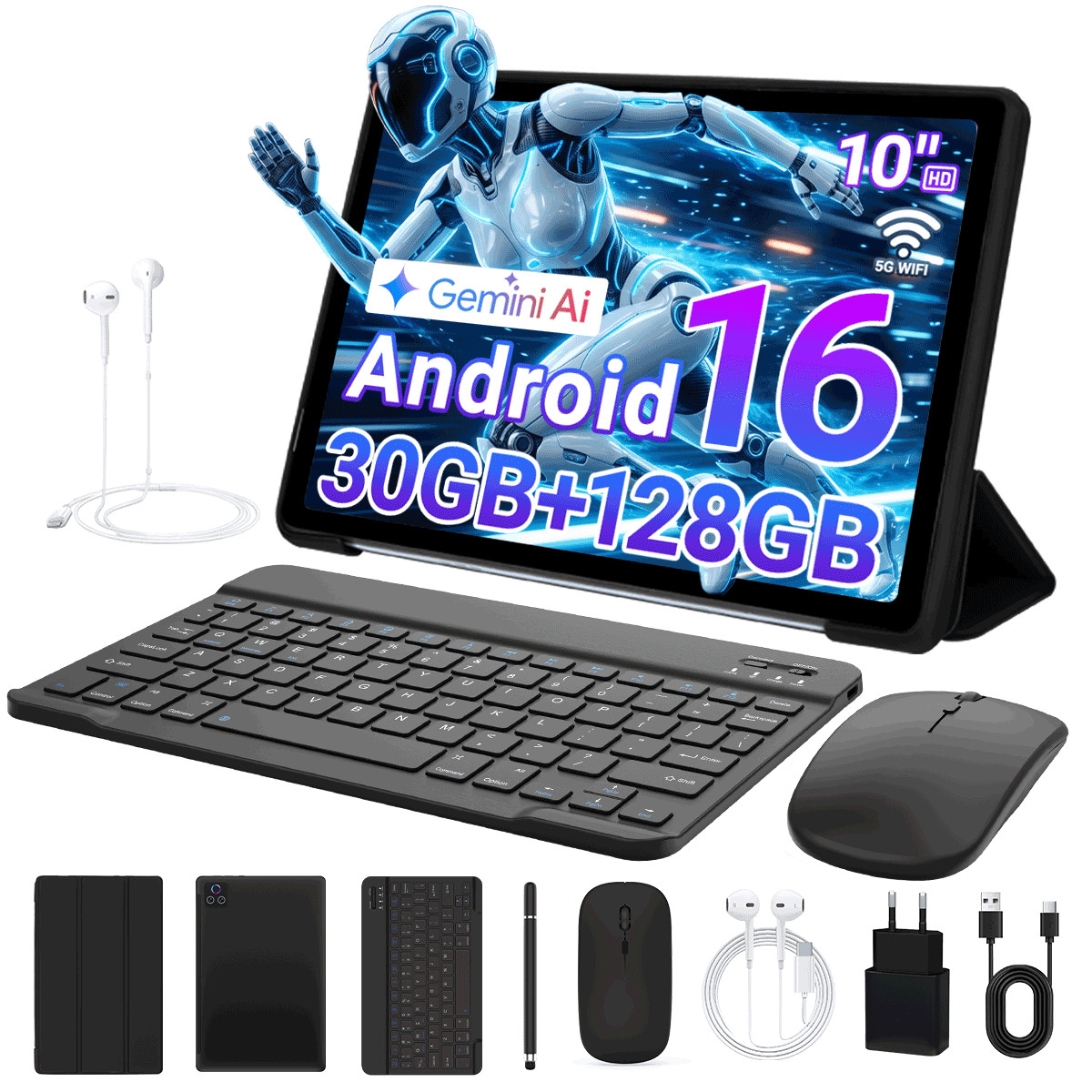 Gemini AI Tablet 10" Android 16 30GB 128GB Bundle Keyboard Mouse Stylus 5G WiFi
