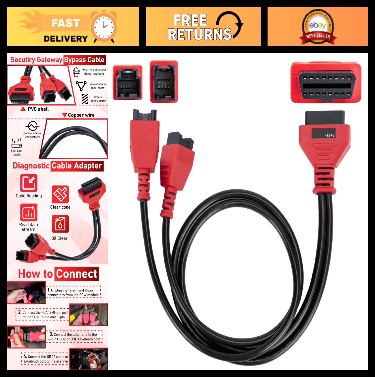 12+8 Pin OBD2 Adapter Cable, 2.6FT Security Gateway Bypass for Chrysler FCA Vehi