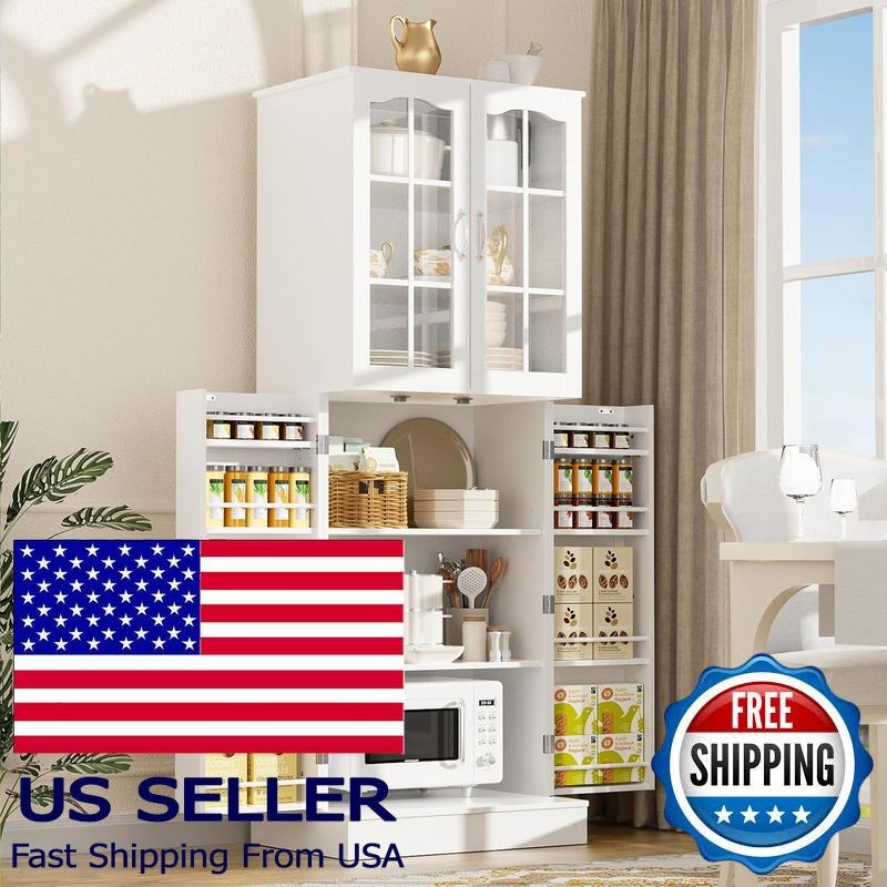 White Kitchen Pantry Storage Cabinet with Adjustable Shelves, 64" Tall