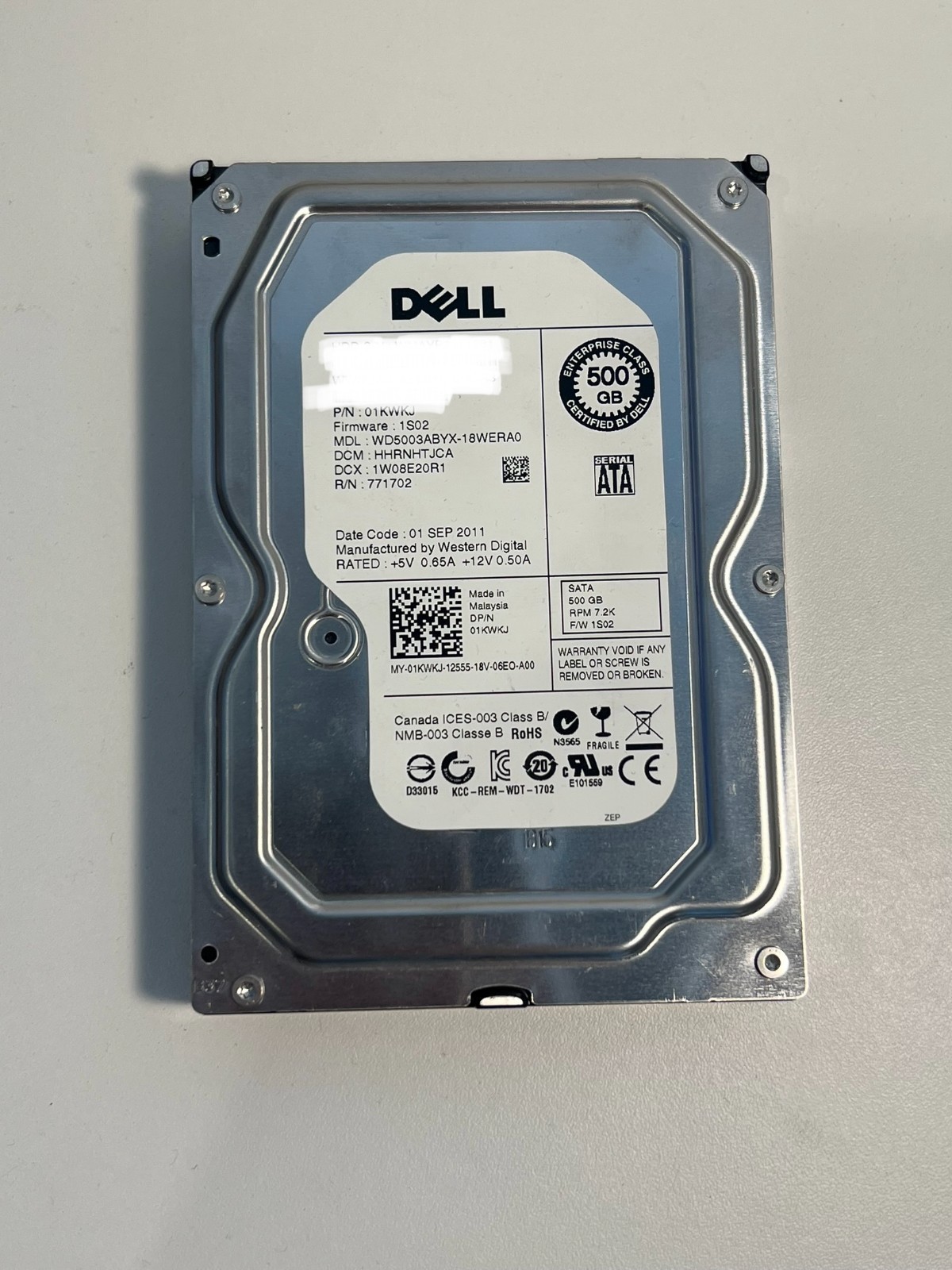 Dell WD5003ABYX-18WERA0 500GB 3.5" 3Gb/s 7.2K RPM SATA HDD Dell P/N: 01KWKJ