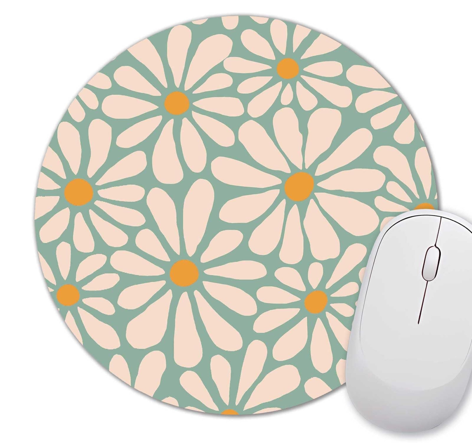 Green Daisy Flower Mouse Pad Small, Boho Retro Aesthetic Mousepad, Floral Com...