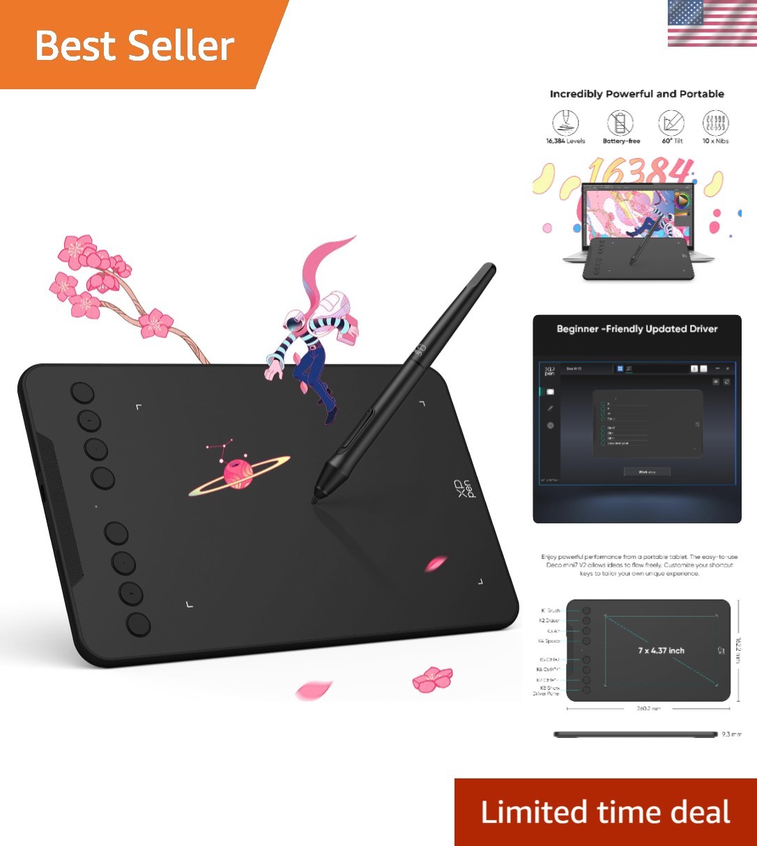 XPPen Updated Deco Mini7 V2 Drawing Tablet-16384 Levels of Pressure Battery-F...