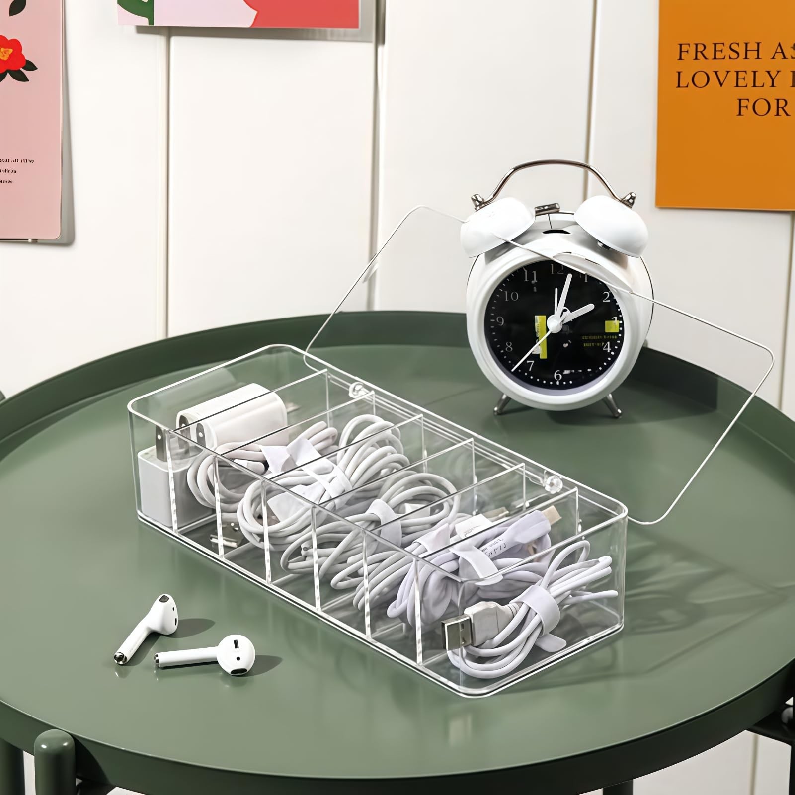 Clear Cable Organizer Storage Box with 7 Compartments，Plastic Cable Management B