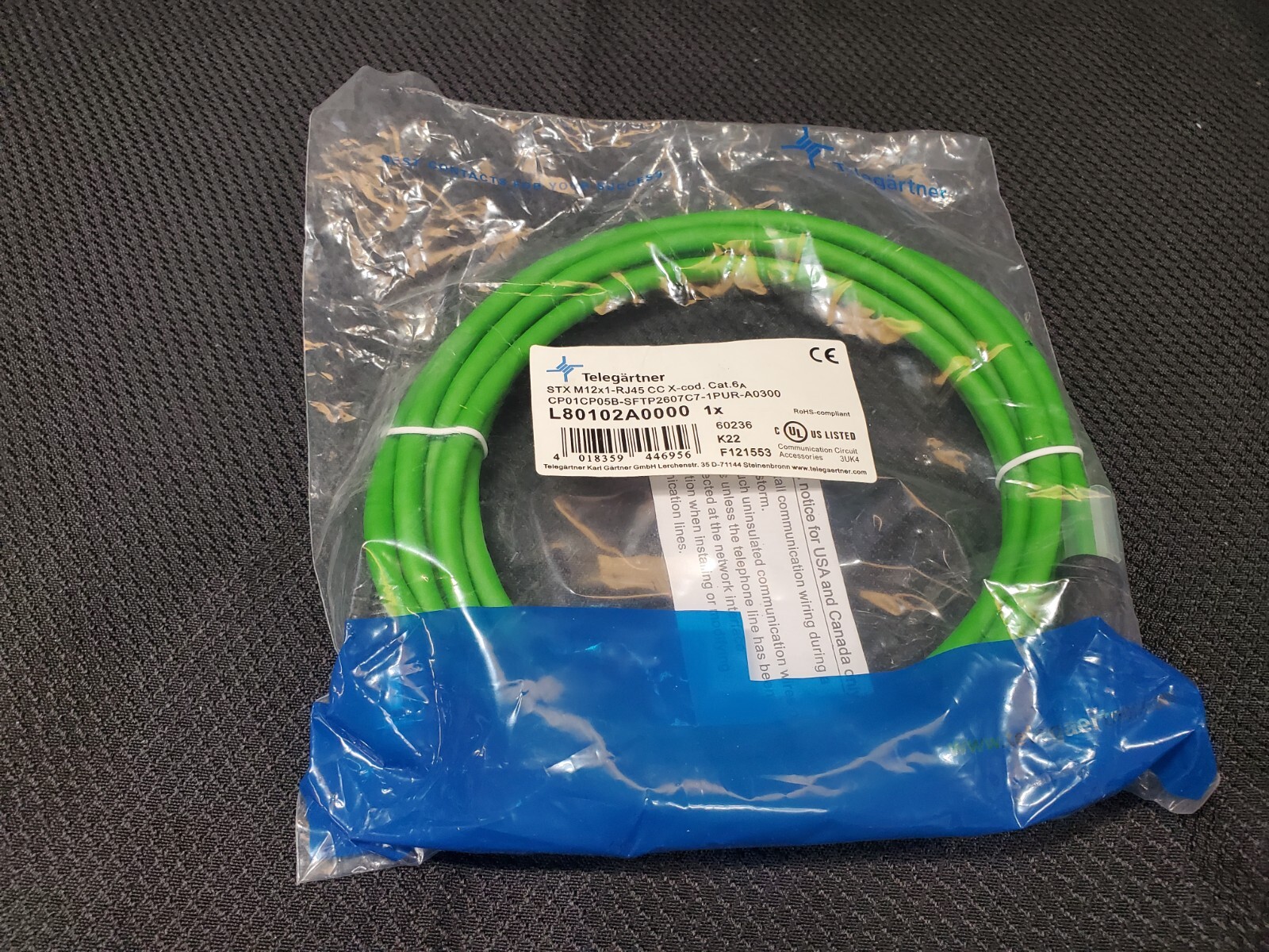 Telegartner Cat6a Straight Male M12x1 to Male RJ45 Ethernet Cable 3M #100017242
