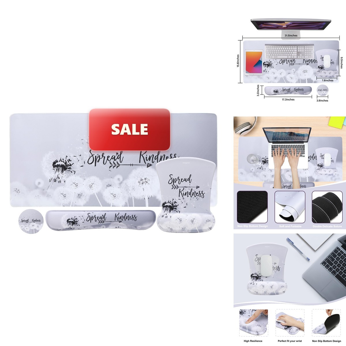 MEGREZ 4-in-1 Mouse Pad Wrist Rest Memory Foam Desk Mat Set