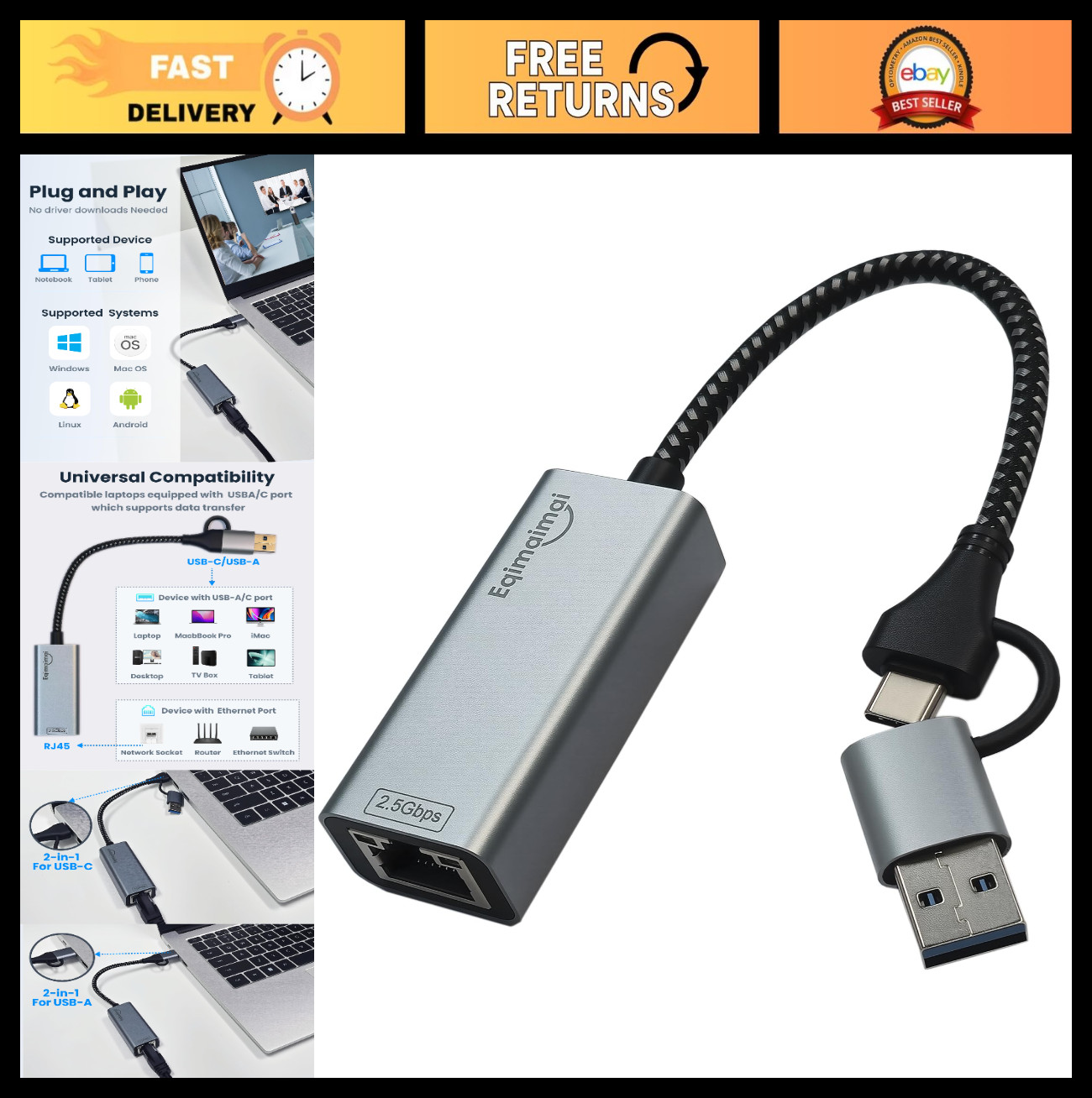 2.5G USB Ethernet Adapter, 2-in-1 USB-C & USB-A to RJ45, Fast Network Adapter fo