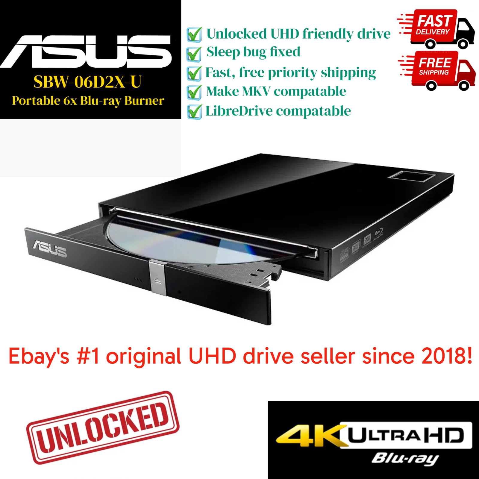 ASUS SBW-06D2X-U - Pre-flashed Blu-ray drive - Unlocked - 4K, UHD Friendly
