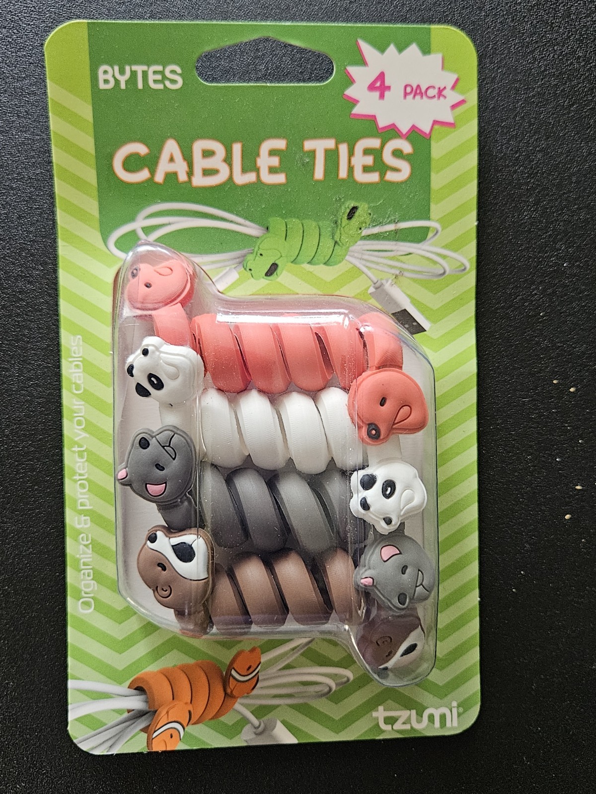 Tzumi Bytes Cable Ties 4-Pack Cute Animal Wire Organizers Spiral Cable Ties 