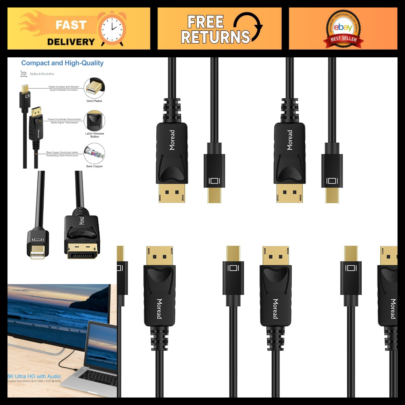 8K Mini DisplayPort to DisplayPort Cable 1.4 - 5 Pack, 6ft High-Speed Cables