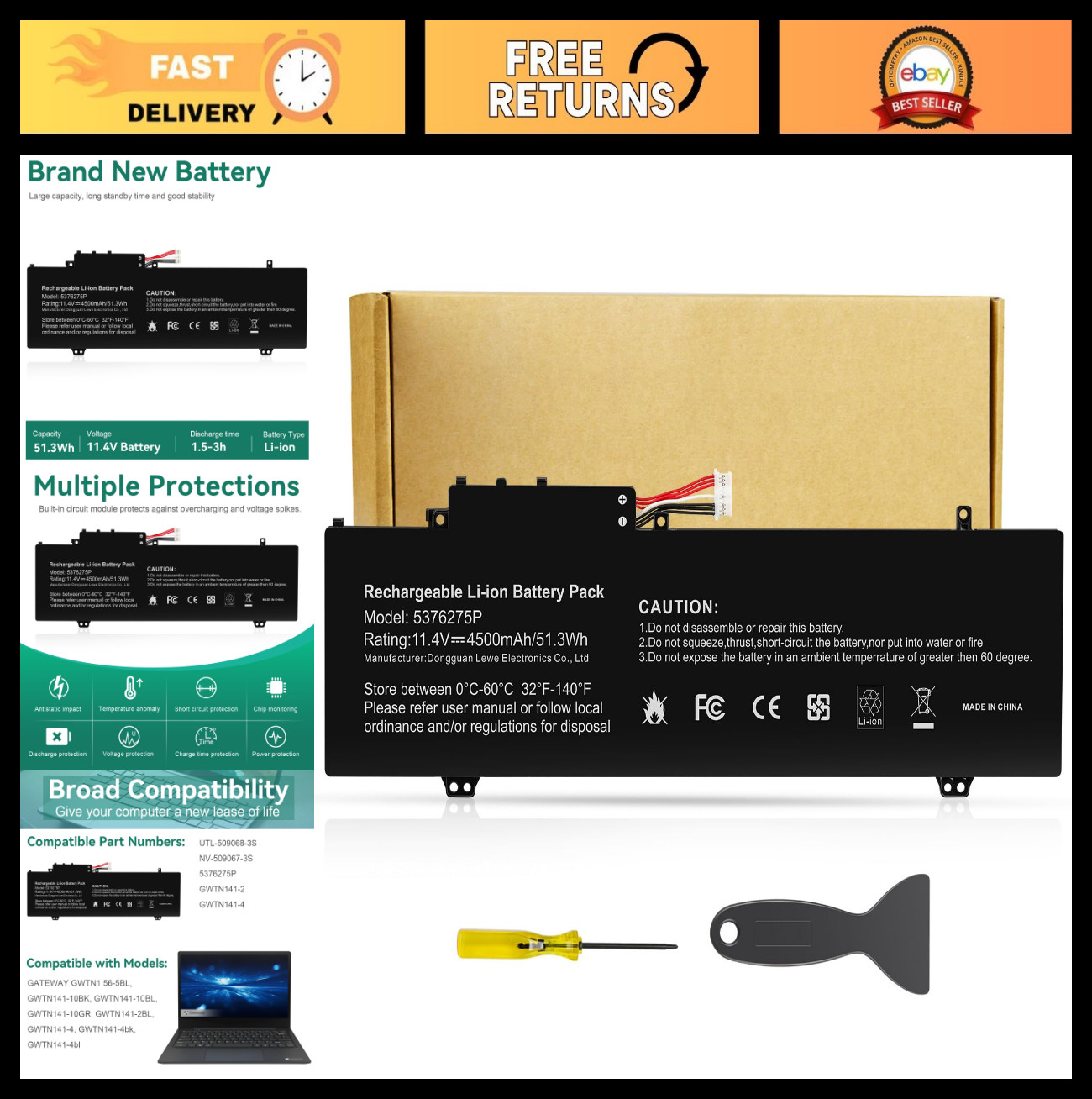 Laptop Battery Replacement for Gateway GWTN Series - High Capacity, Compatible M