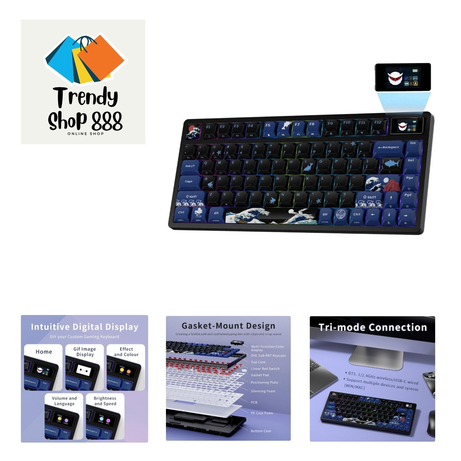 XVX 75% Keyboard with Color Smart Display, Low Profile Gasket Mechanical Gami...