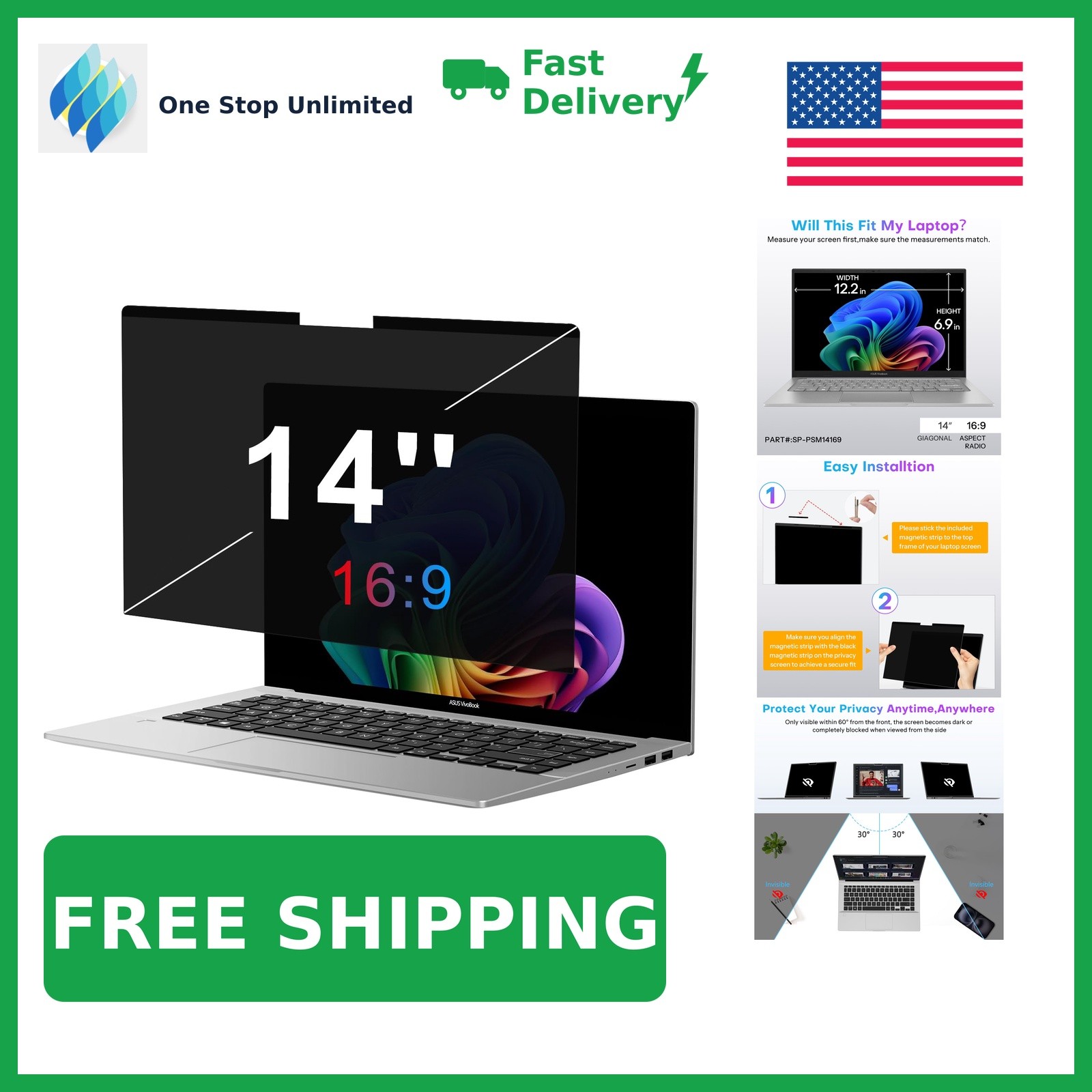 OMOTON Magnetic Laptop Privacy Screen, 14 Inch 16:9 Aspect