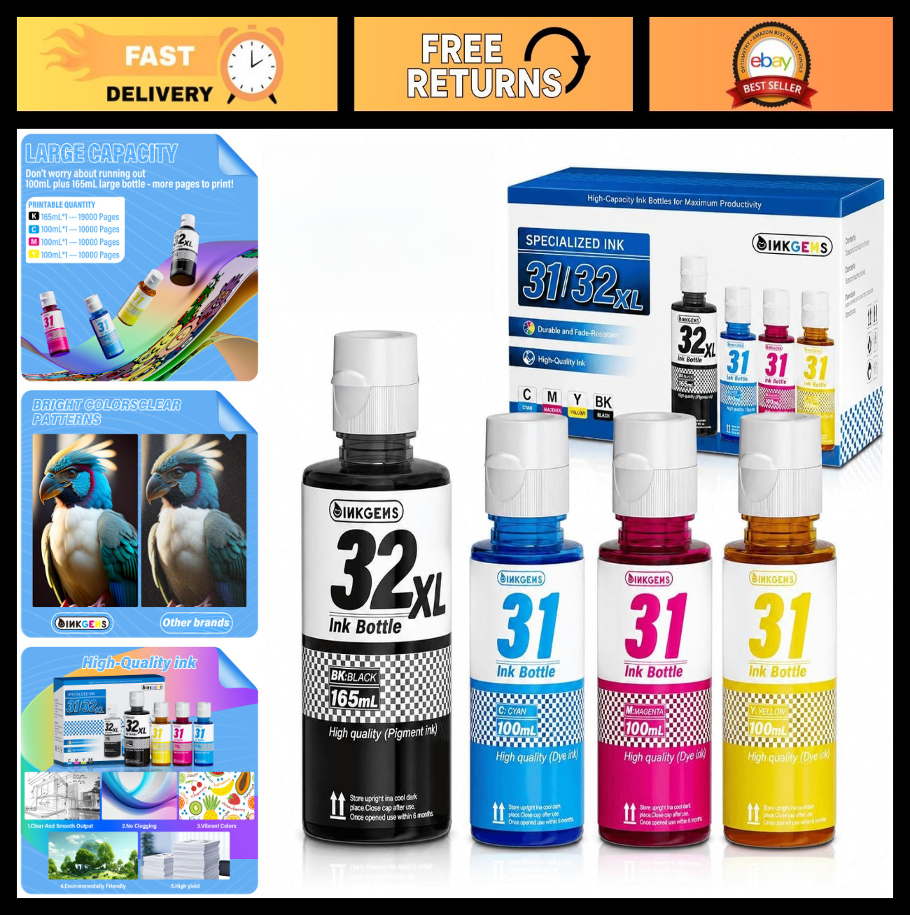 31 32XL Ink Bottle Refill Set for HP Smart Tank Printers - Black, Cyan, Magenta,
