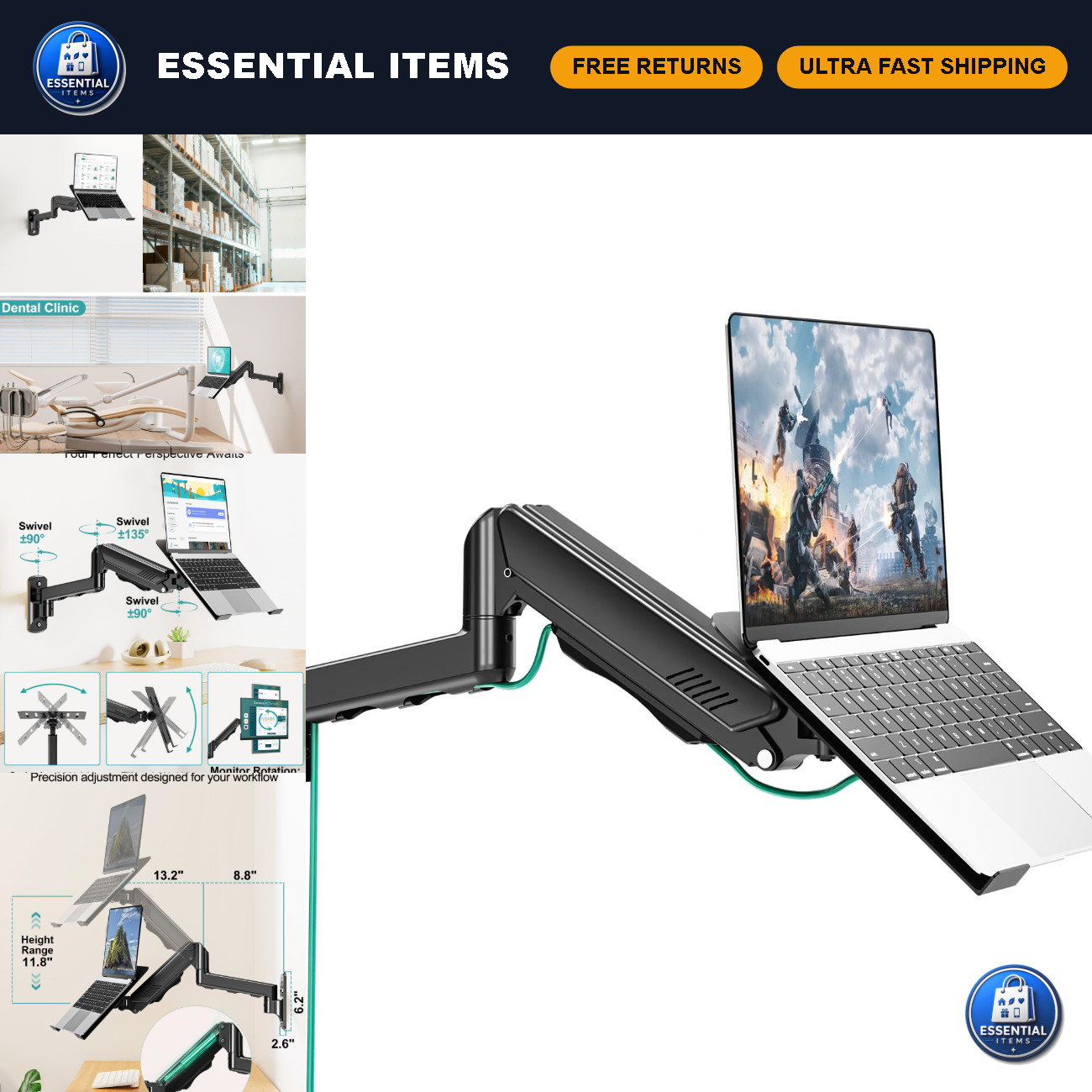 Adjustable Laptop Wall Mount & Monitor Stand, 2-in-1 Vented Tray for 11-32" Scre