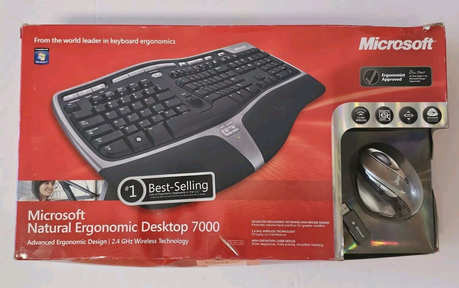 Microsoft Natural Ergonomic Desktop 7000 Wireless Keyboard Mouse USB Dongle NEW
