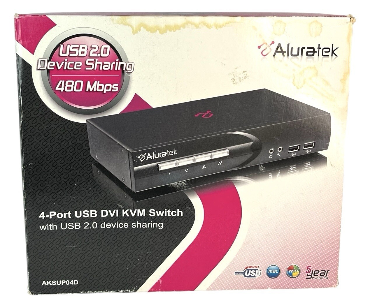 Aluratek 4 Port USB 2.0 Device Sharing DVI KVM Switch 480 Mbps NOS Factory Seal