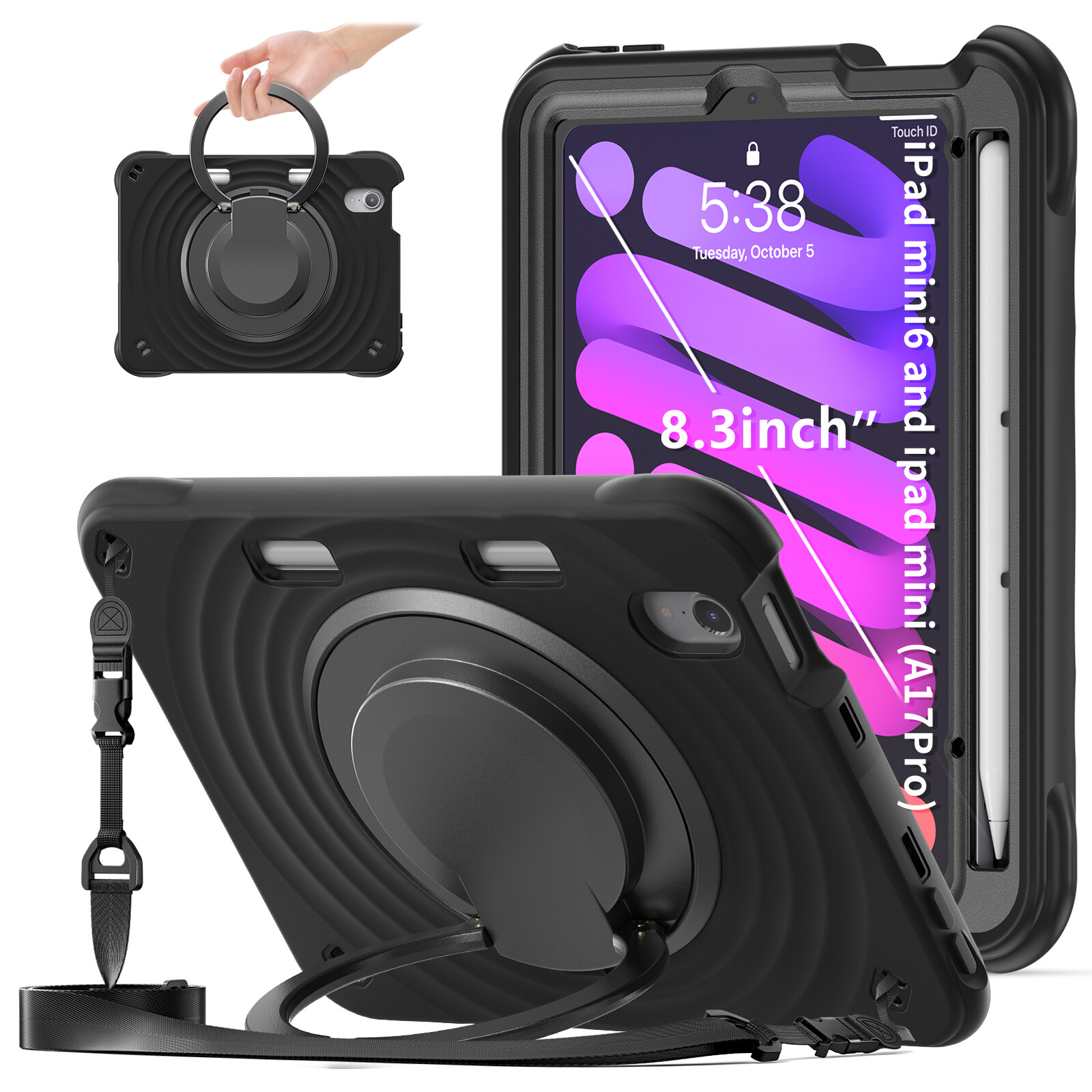 Ripple Shockproof Handle Stand Case Cover for iPad Mini 6/Mini 7 A17 Pro (2024)