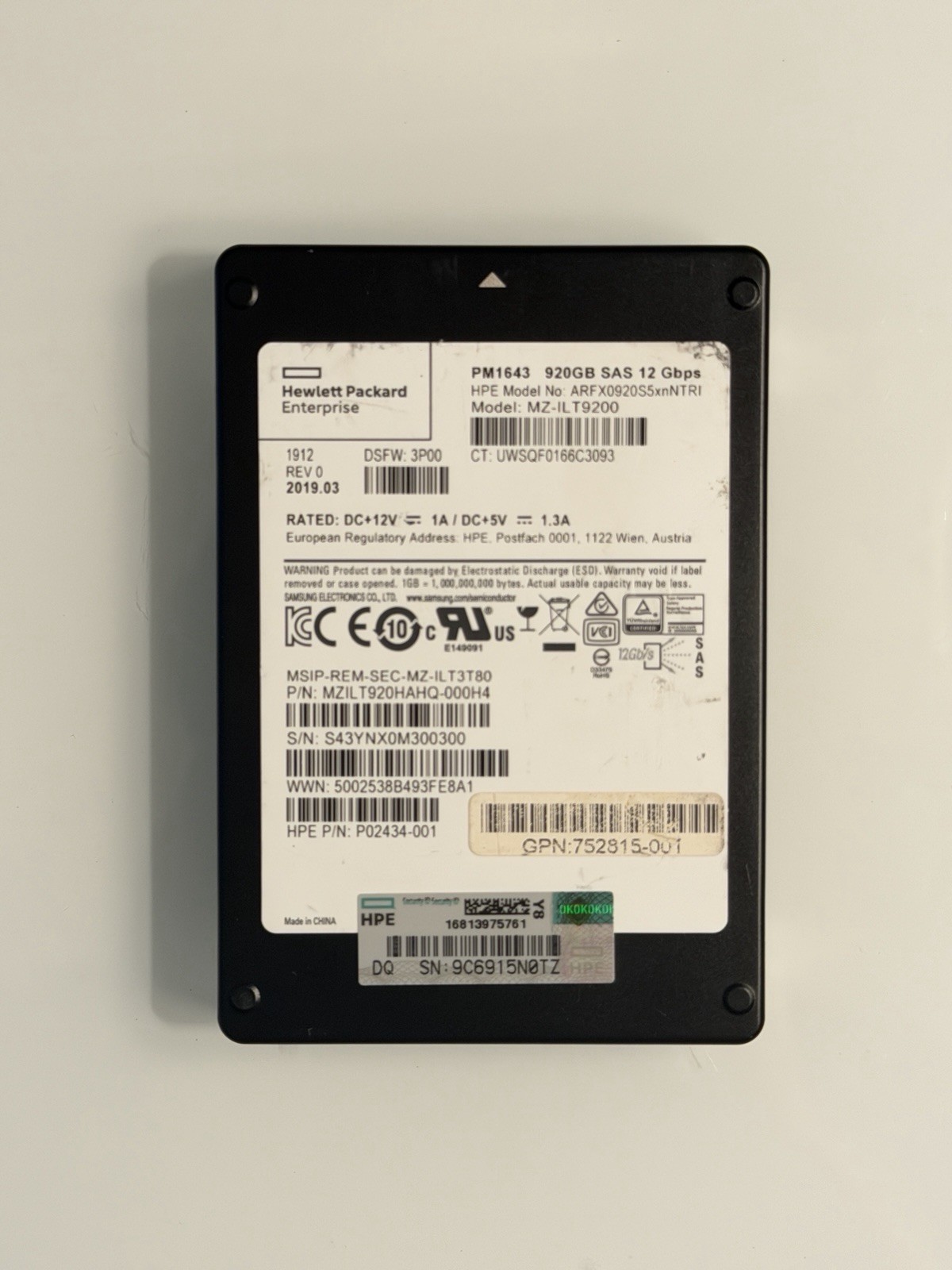 HPE Samsung PM1643 920GB SAS 12Gbps Enterprise SSD 56% Health MZ-ILT9200