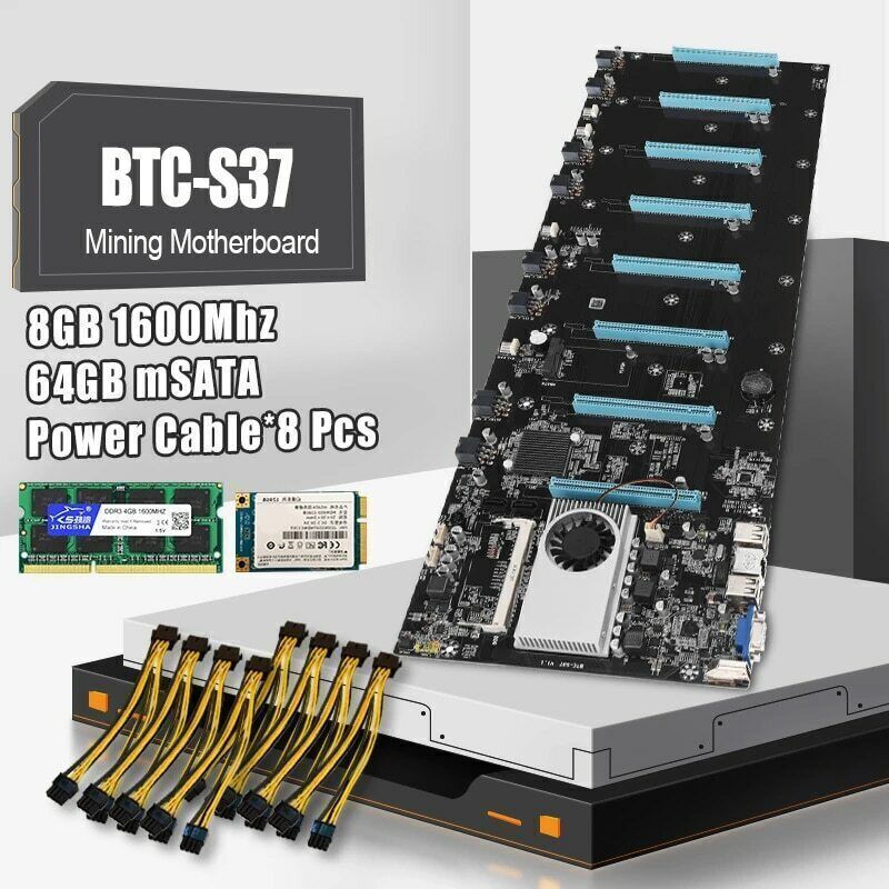BTC-S37 Mining Motherboard Set 8 GPU with DDR3 8G RAM 64GB SSD 8pcs Power Cable