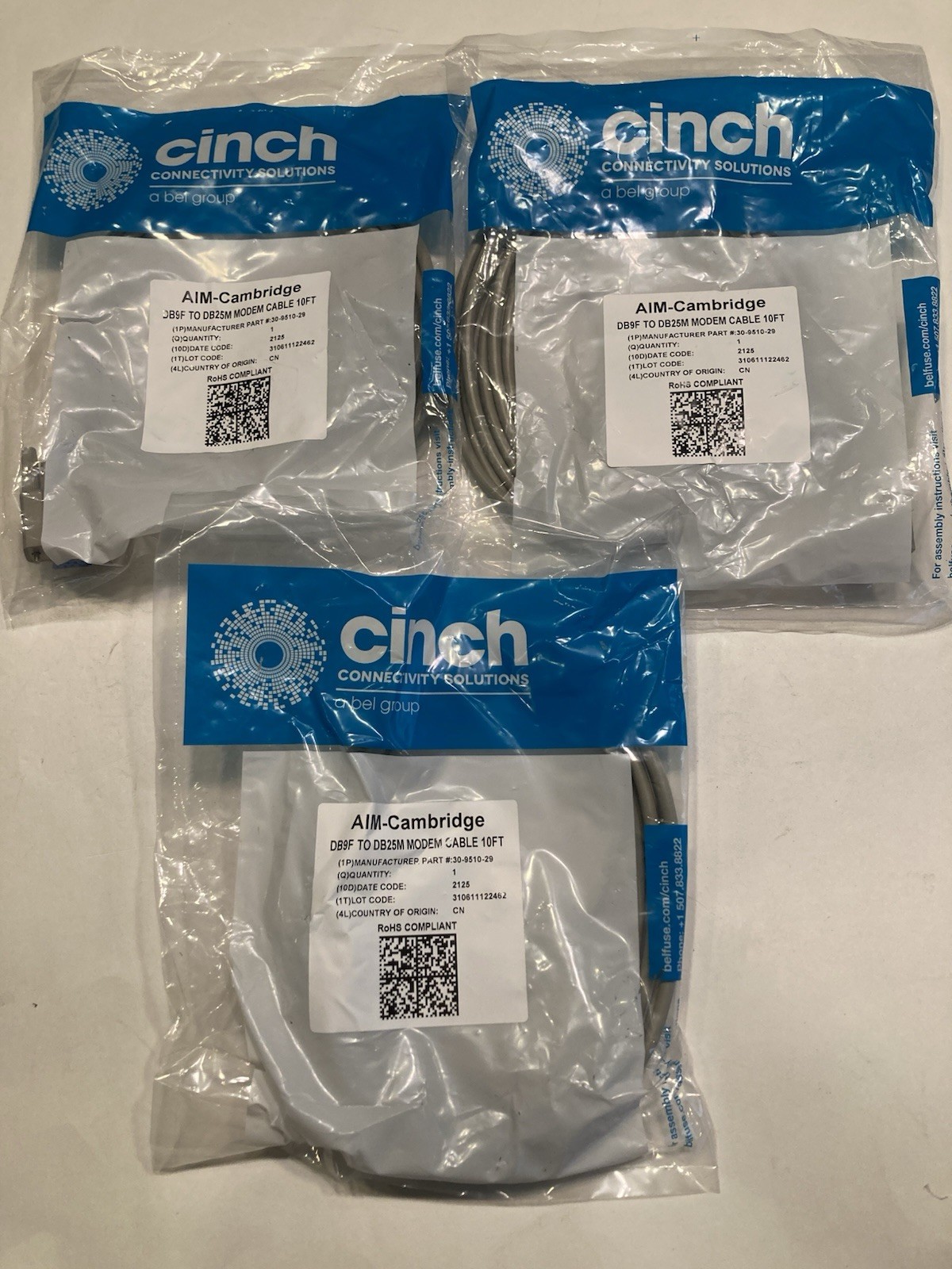 3 X NEW CINCH AIM-CAMBRIDGE DB9F TO DB25M MODEM CABLE 10 FT