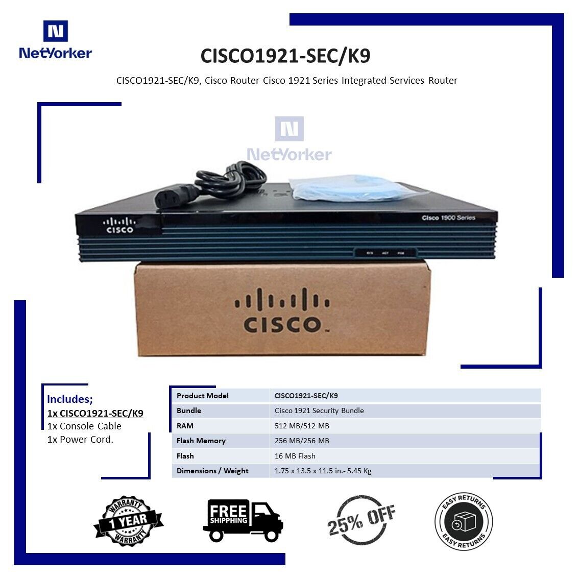 Cisco CISCO1921-SEC/K9 1921 Gigabit Router - 1 Year Warranty -Same Day Shipping