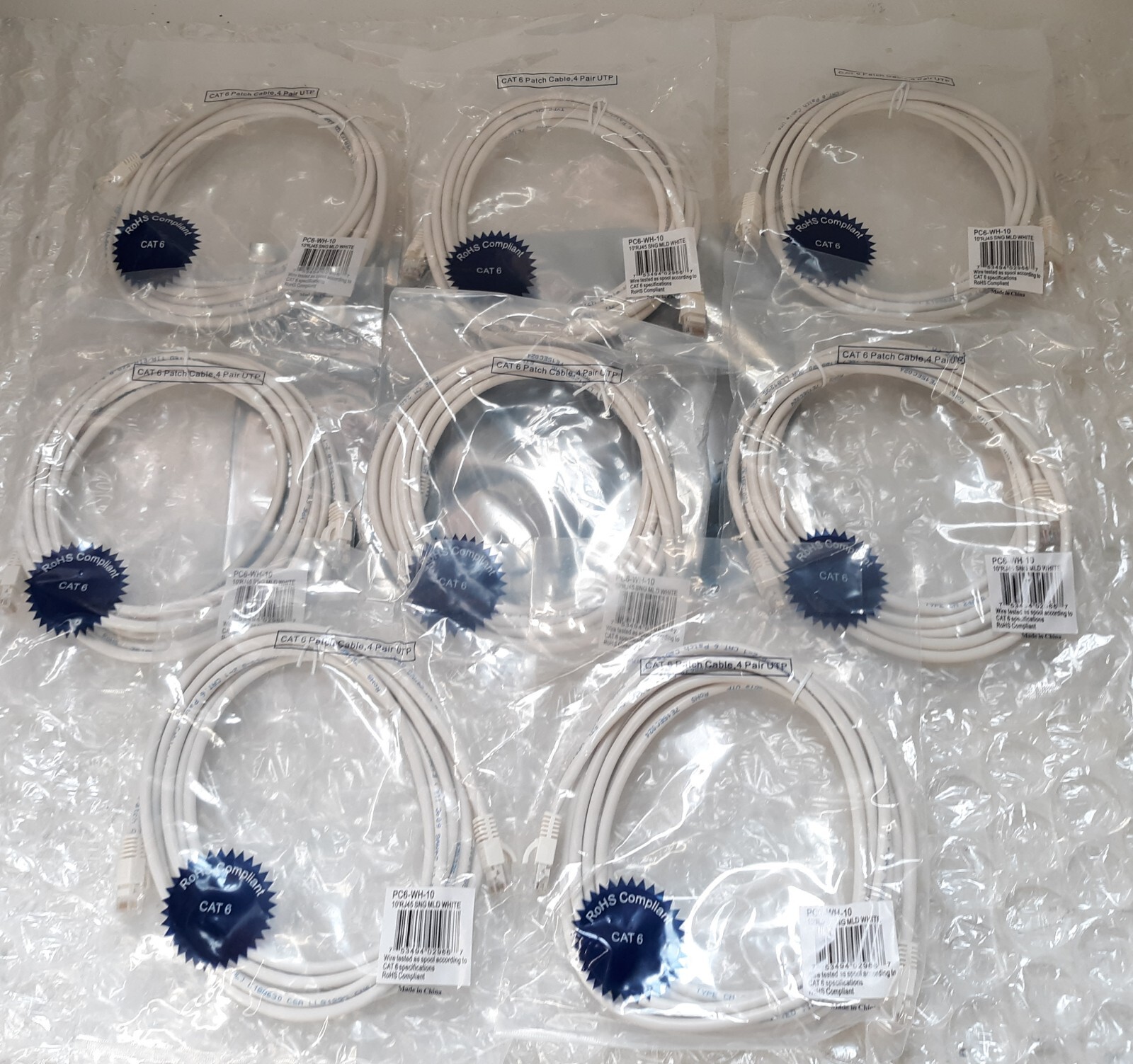Lot of 8 Cat6 Patch Cable 4Pair UTP PC6-WH-10 10'RJ45 SNG MLD White NEW *SEALED*