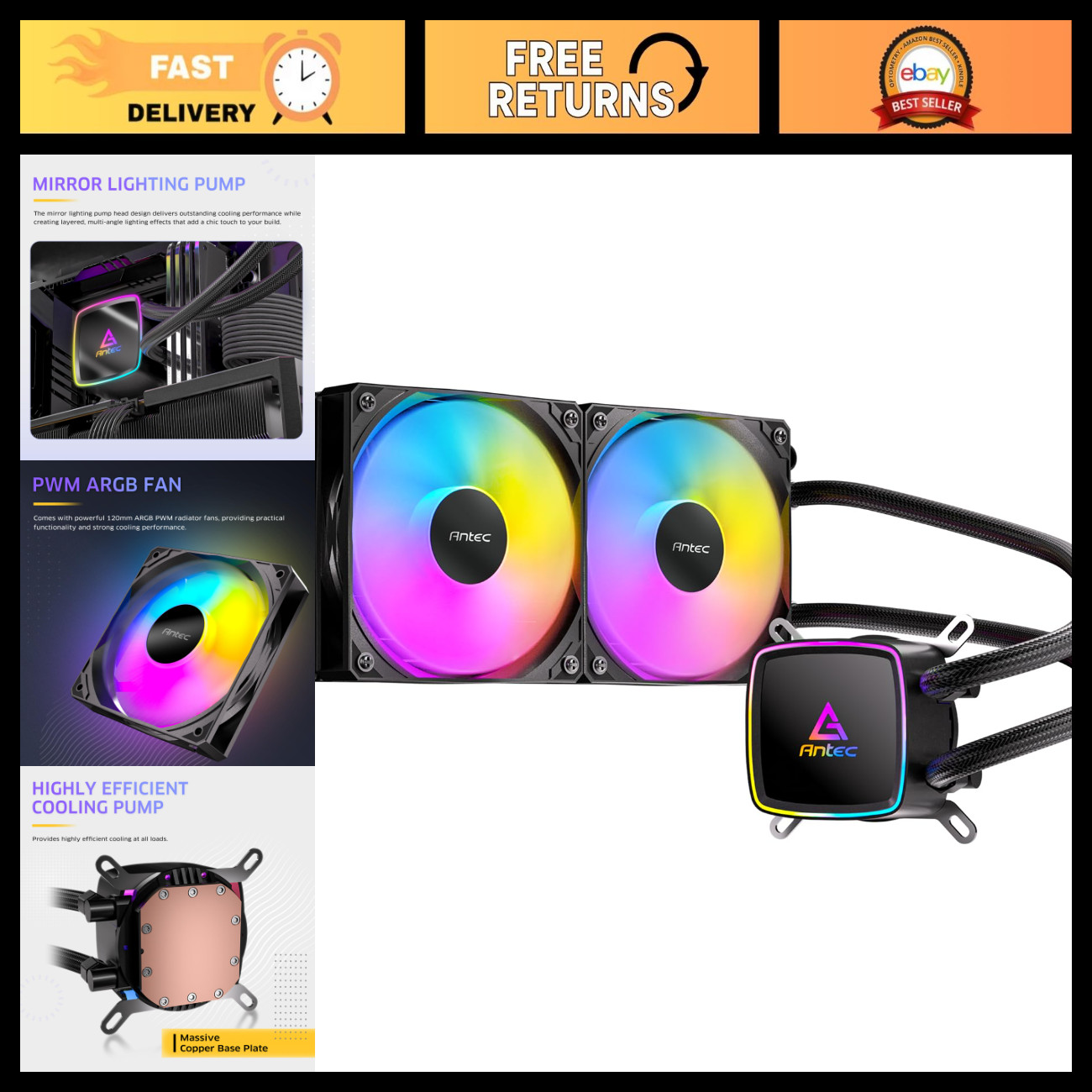 High-Performance 240mm ARGB Liquid CPU Cooler, Dual 120mm PWM Fans, Intel & AMD