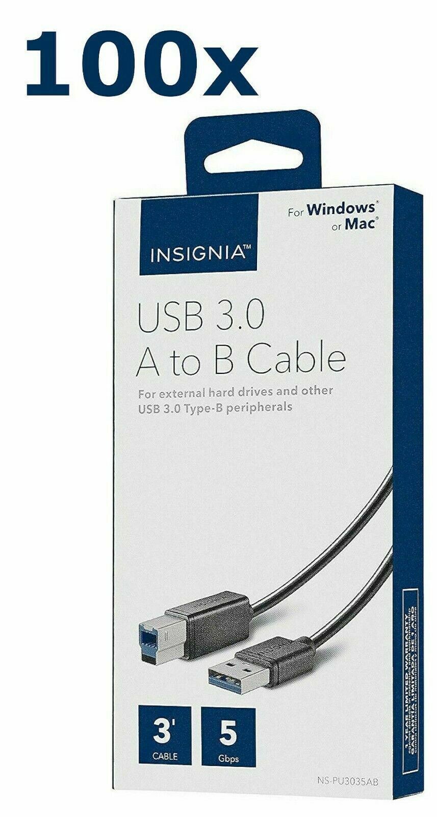 100x Insignia USB 3.0 Type A Male to B Male Cable 3' for Printer Scanner HDD Mac
