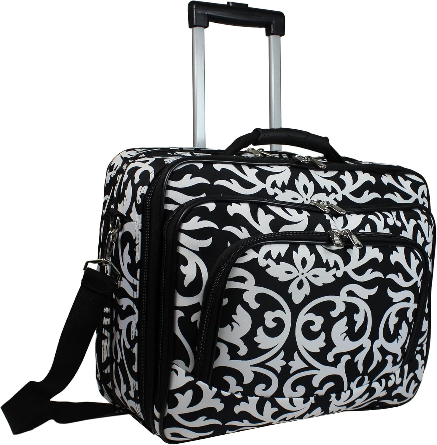 Rolling 17-Inch Laptop Briefcase Computer Case - Black Trim Damask