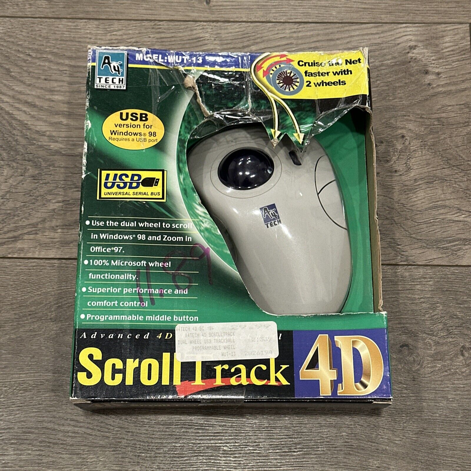 A4 Tech WWT-13 Vintage 90s Scroll 4D Trackball Large Mouse Brand New