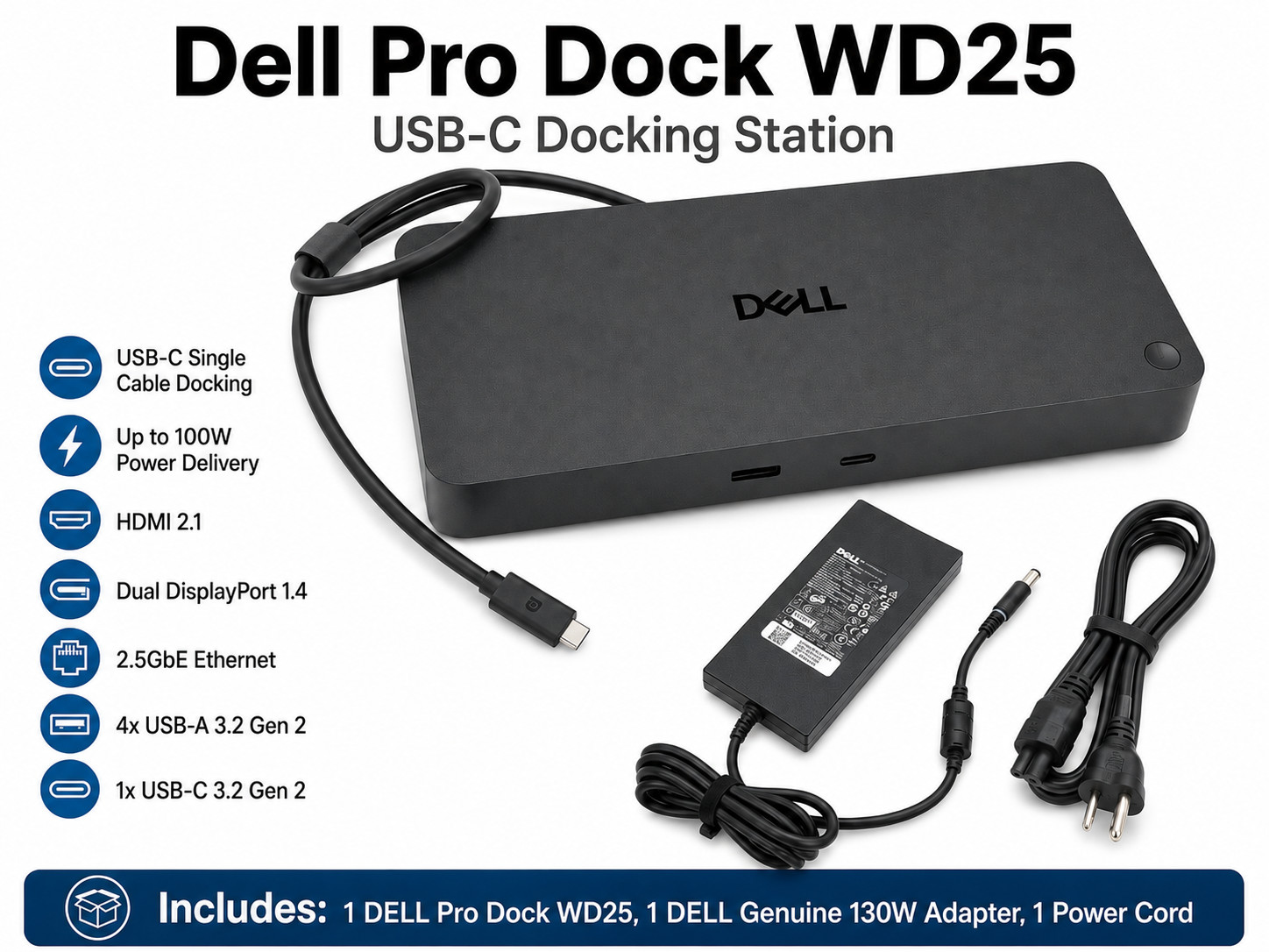 Genuine Dell Pro Dock WD25 USB-C Docking Station 130W AC HDMI DP 2.5GbE