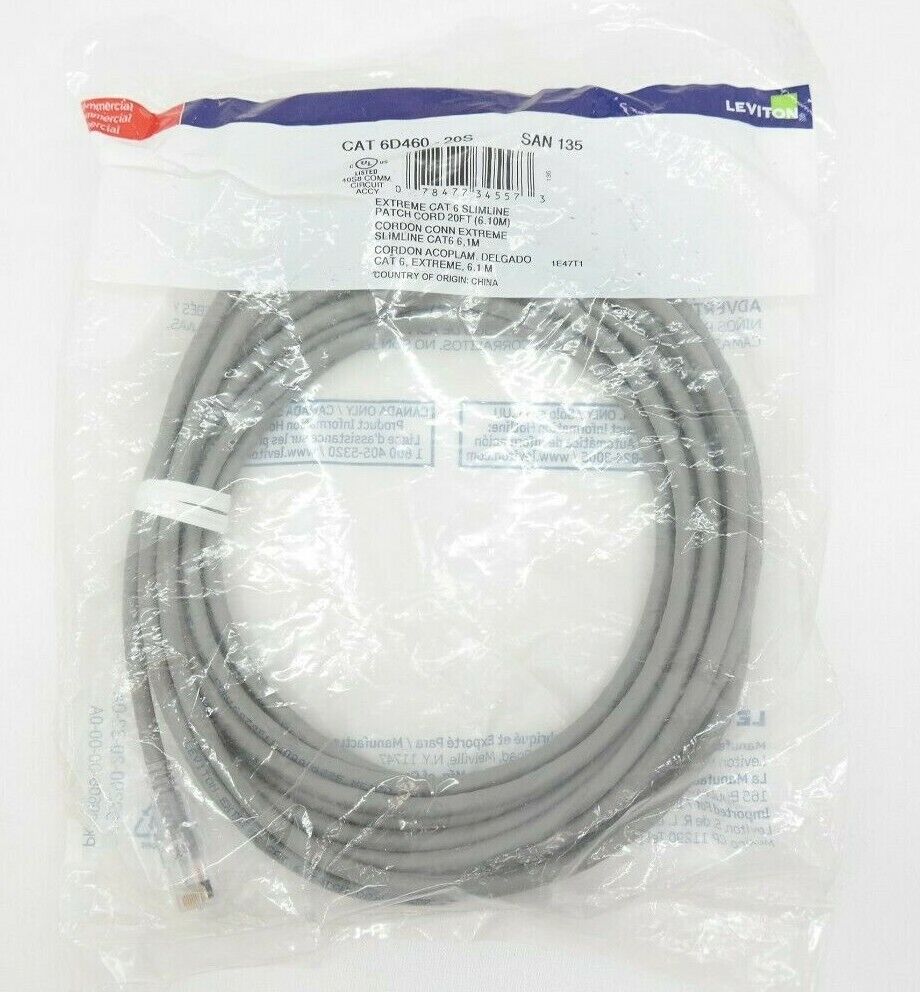 Leviton Cat 6D460 Gray Cat 6 Patch Cord Extreme Cat 6 Slimline Patch Cord 20 ft