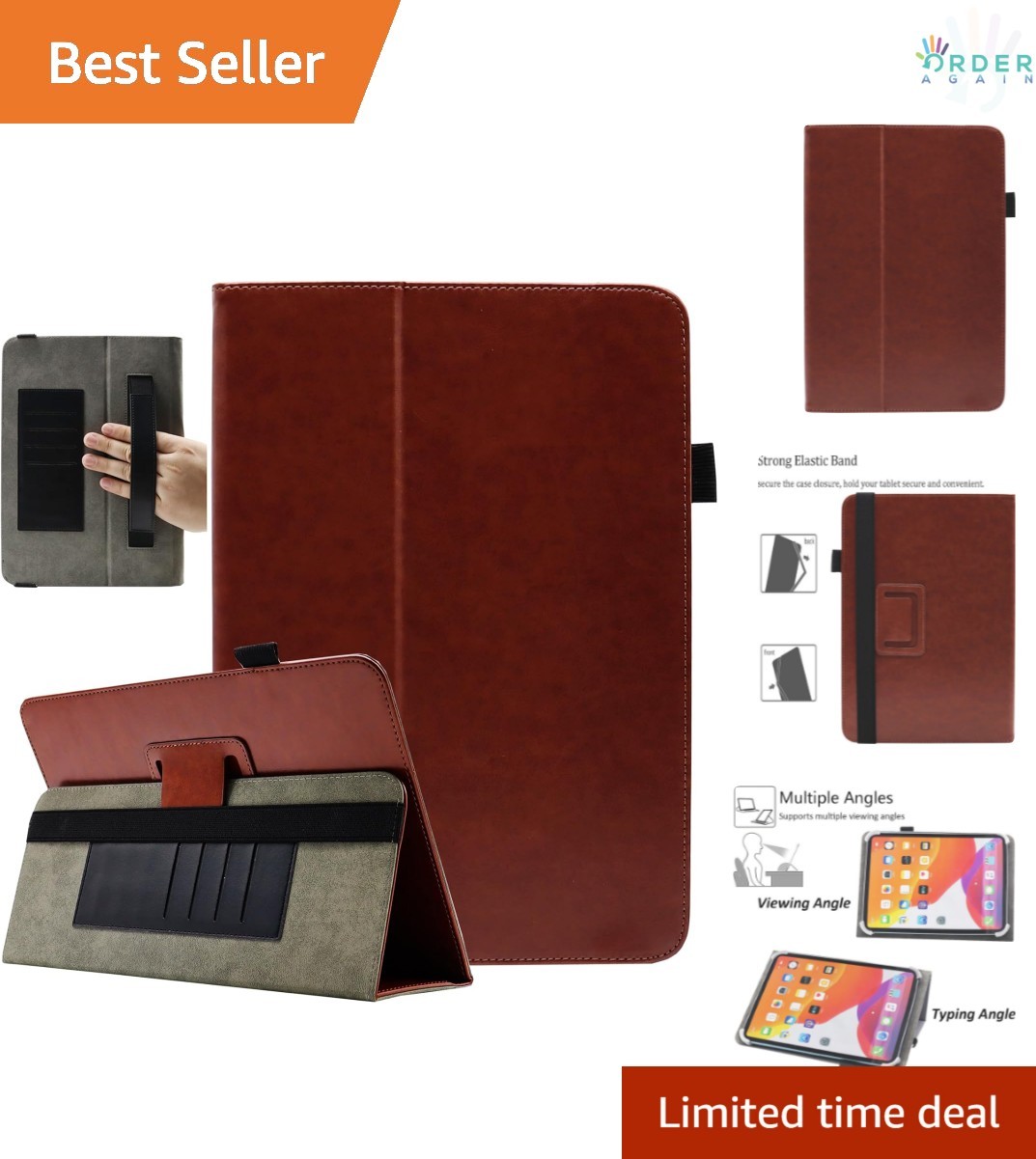 Universal 10-11 Inch Tablet Case Leather Folio Stand Card Slots Hand Strap